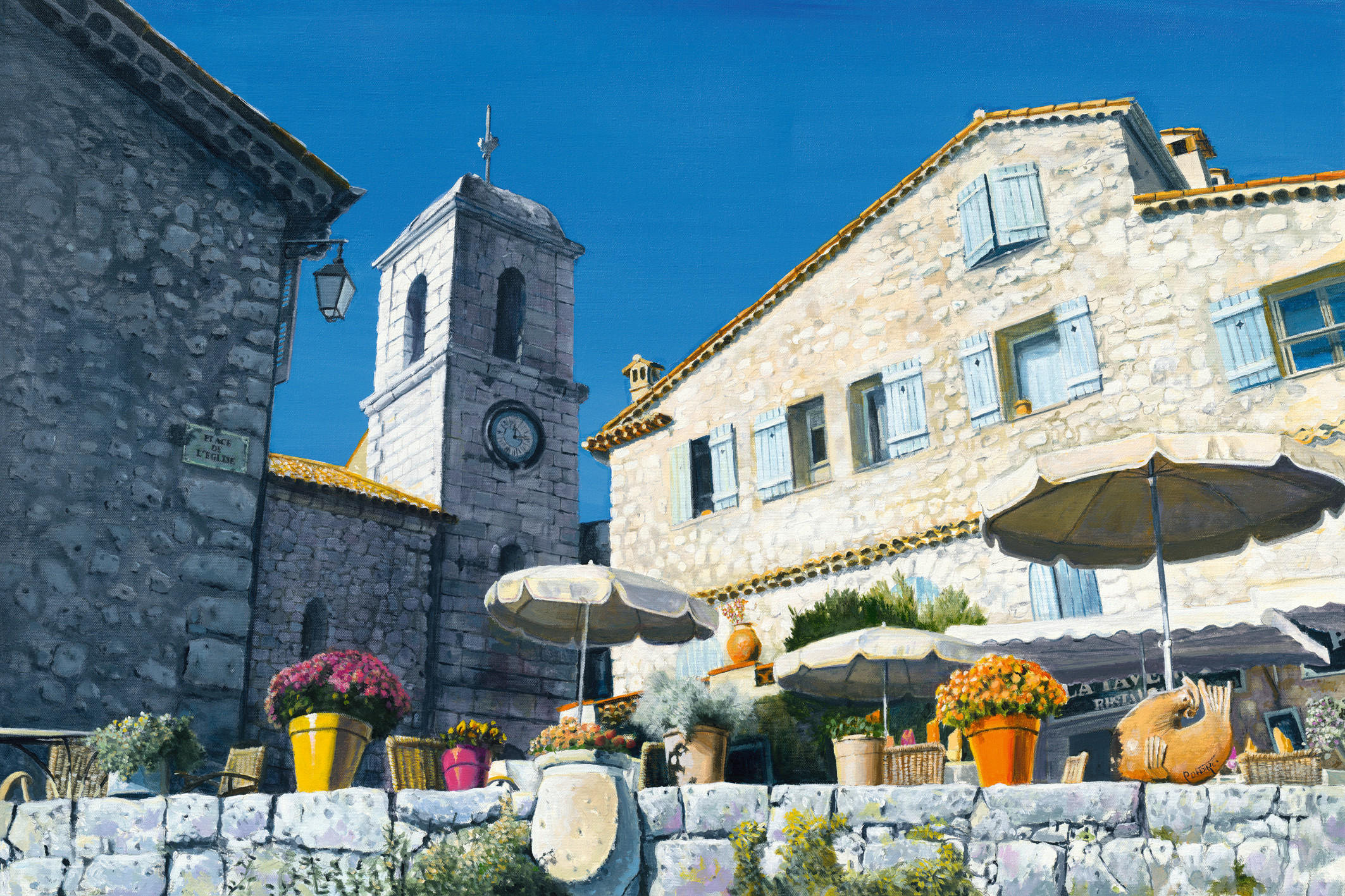 Monee Kunstdruck Place de l´église Gourdon Blau, Hellgrau, Sand 91.5x61 cm