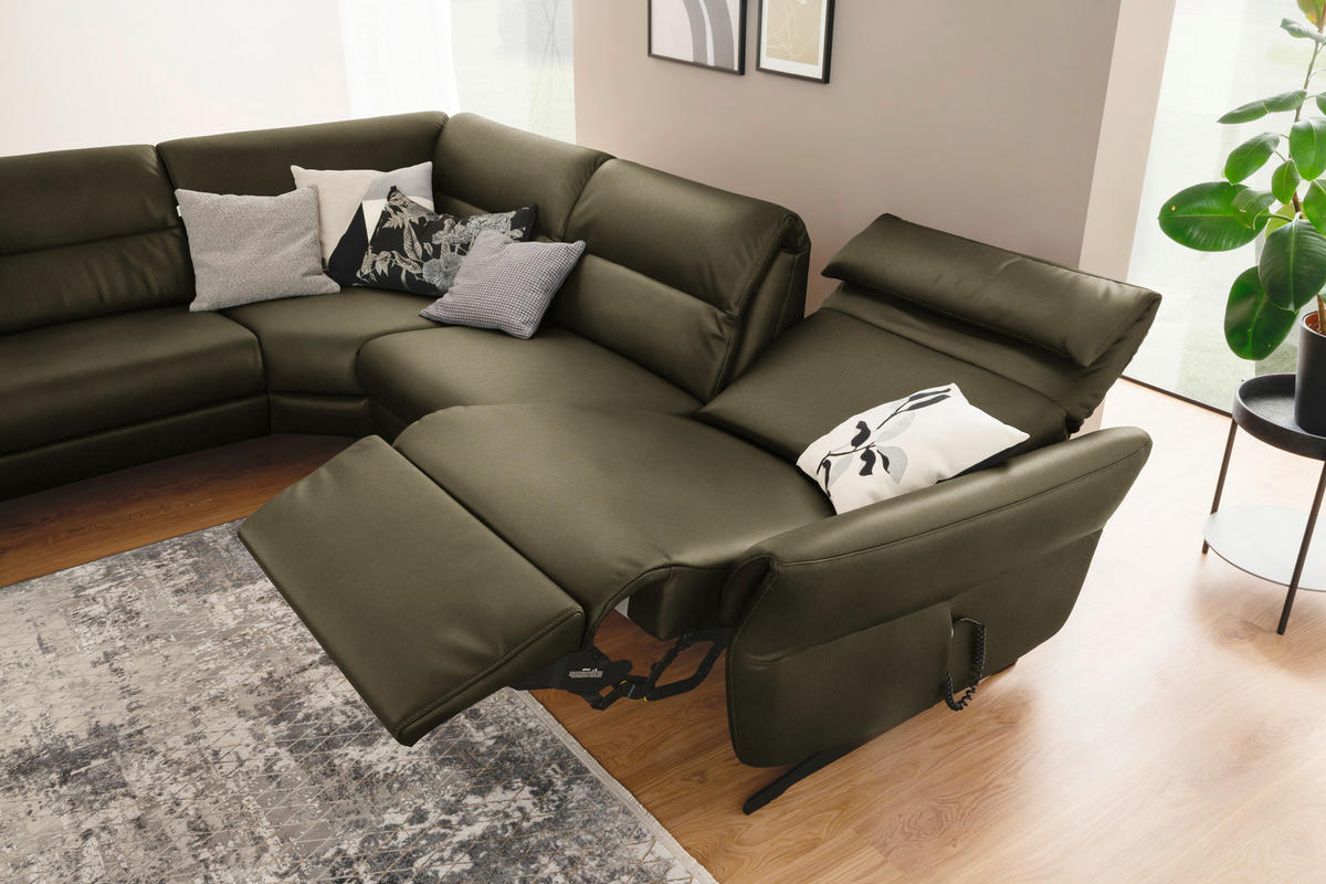 ECKSOFA in Echtleder Olivgrün  258/286 cm  - Schwarz/Olivgrün, Design, Leder/Metall (258/286cm) - Schöner Wohnen