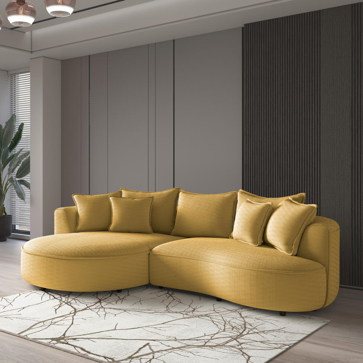 ECKSOFA in Velours, Struktur Senfgelb  - Senfgelb/Schwarz, Modern, Kunststoff/Textil (168/287cm) - Livetastic