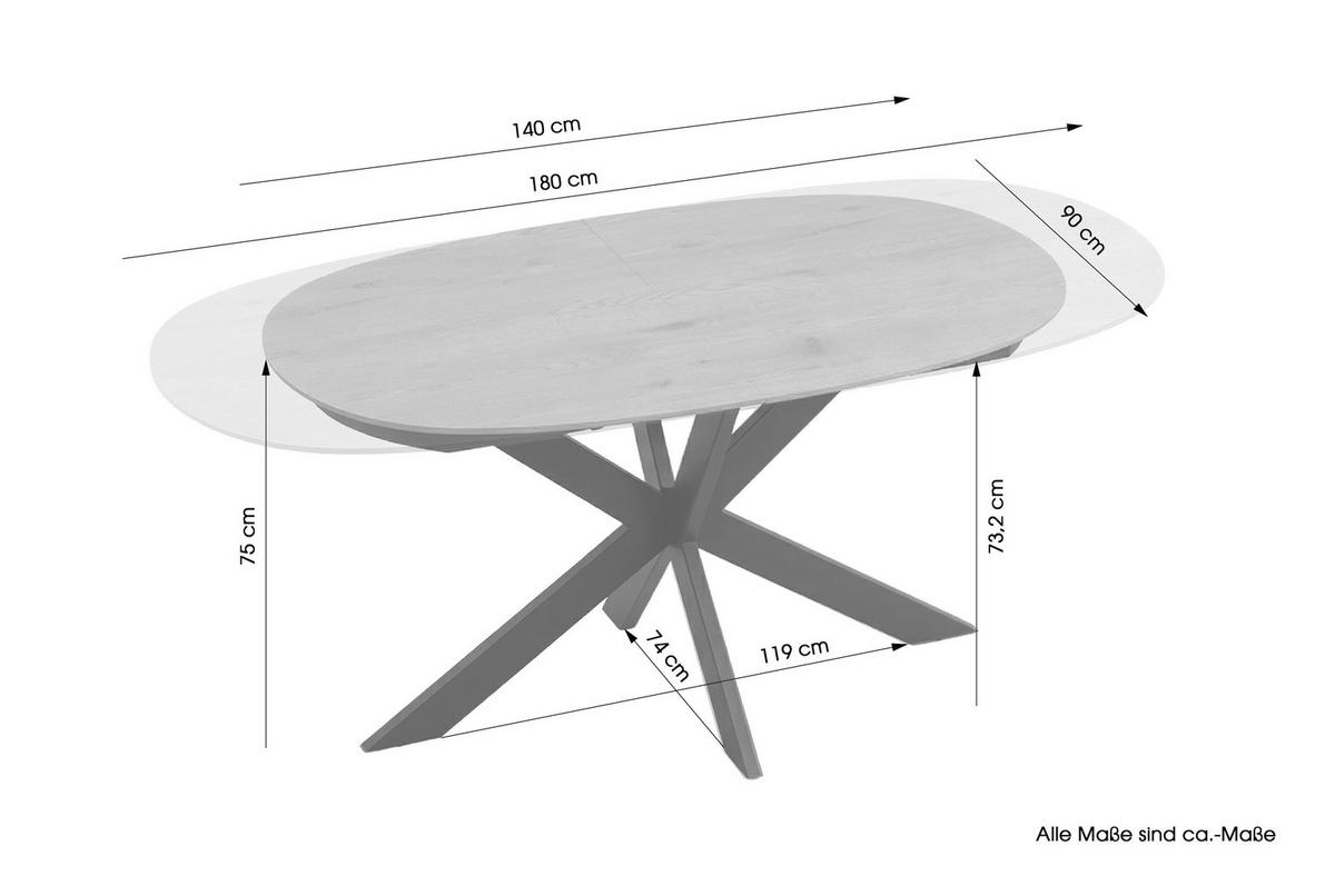 ESSTISCH 140/90/75 cm Nachbildung  Metall, Holzwerkstoff ausziehbar oval Eichefarben  - Eichefarben, MODERN, Holzwerkstoff/Metall (140/90/75cm) - MID.YOU