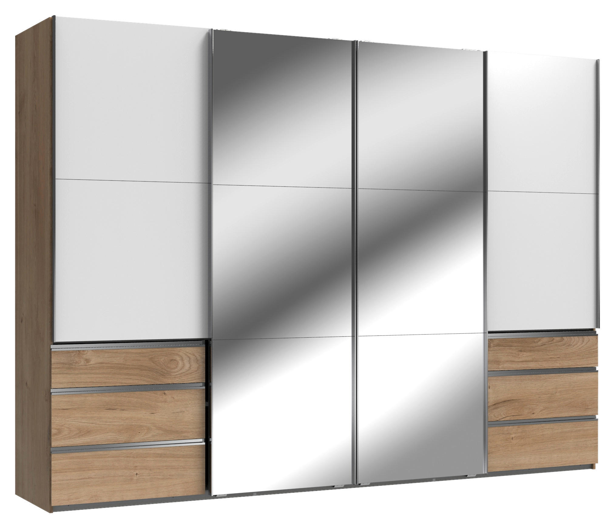 SCHWEBETÜRENSCHRANK 350/216/65 cm 4-türig Weiß, Eichefarben  - Chromfarben/Eichefarben, Basics, Glas/Holzwerkstoff (350/216/65cm) - MID.YOU