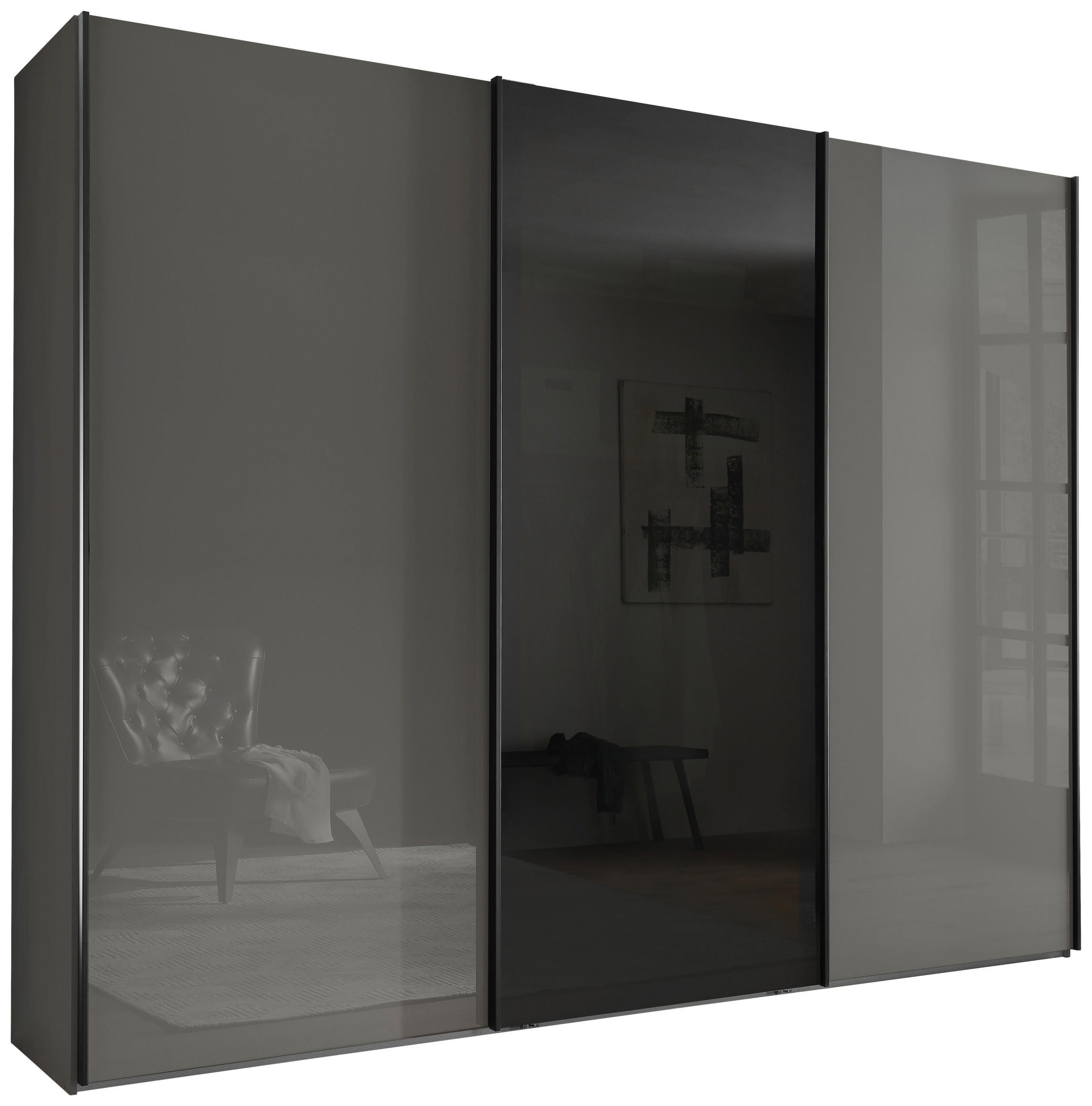 SCHWEBETÜRENSCHRANK 300/217/67 cm 3-türig Dunkelgrau, Lavagrau  - Dunkelgrau/Lavagrau, Design, Glas/Holzwerkstoff (300/217/67cm) - Novel