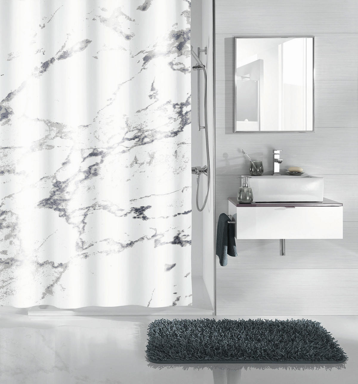 ZAVJESA ZA TUŠ  bijela  MARBLE  - bijela, Basics, tekstil/plastika (180/200cm) - Kleine Wolke