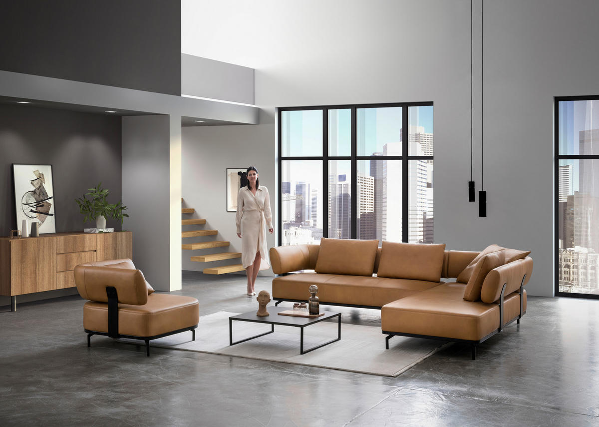 ECKSOFA in Echtleder Dunkelgelb  - Dunkelgelb/Schwarz, Design, Leder/Metall (302/237cm) - Dieter Knoll