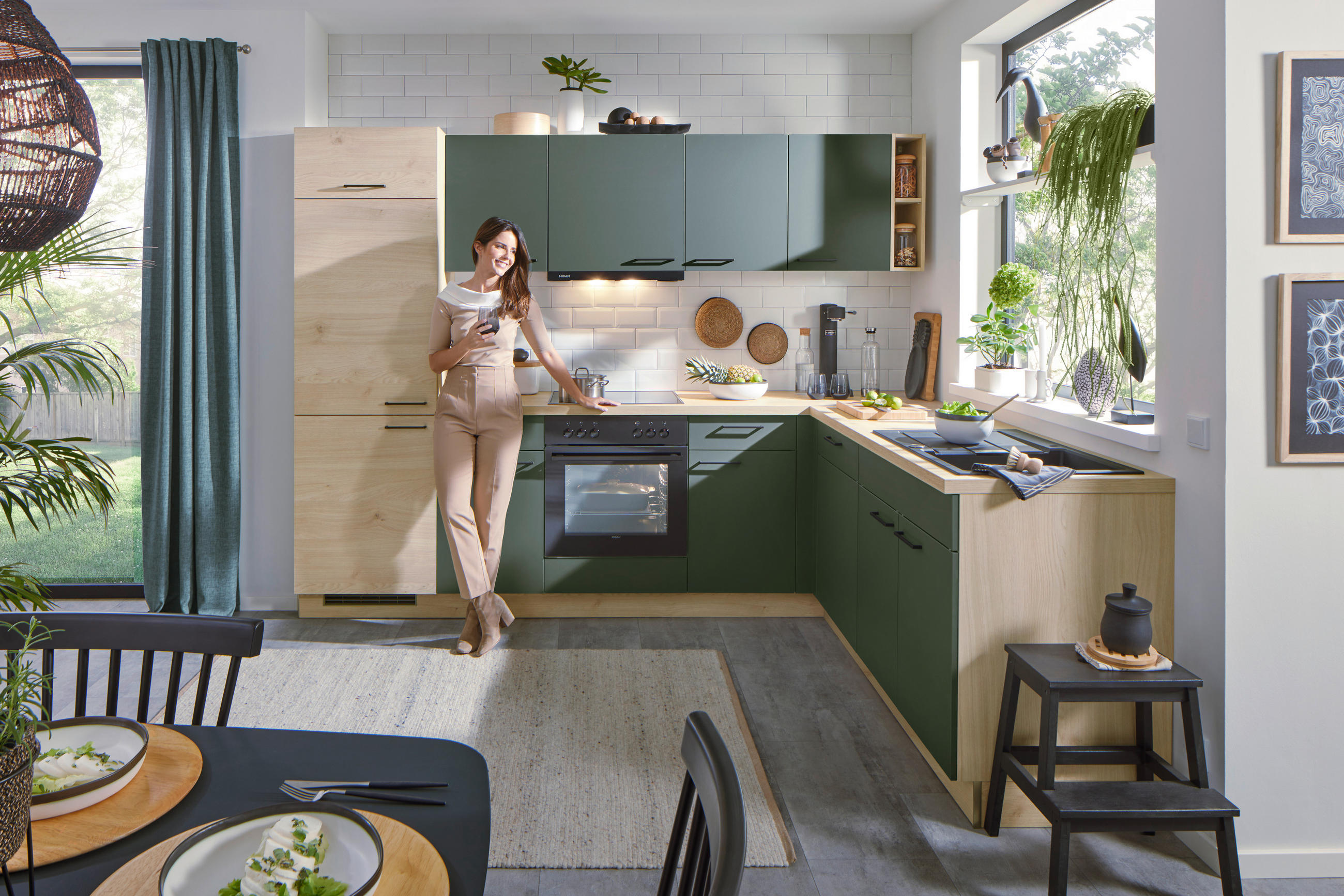 EINBAUKÜCHE   - Dunkelgrün/Eichefarben, MODERN, Holzwerkstoff/Metall - Welnova