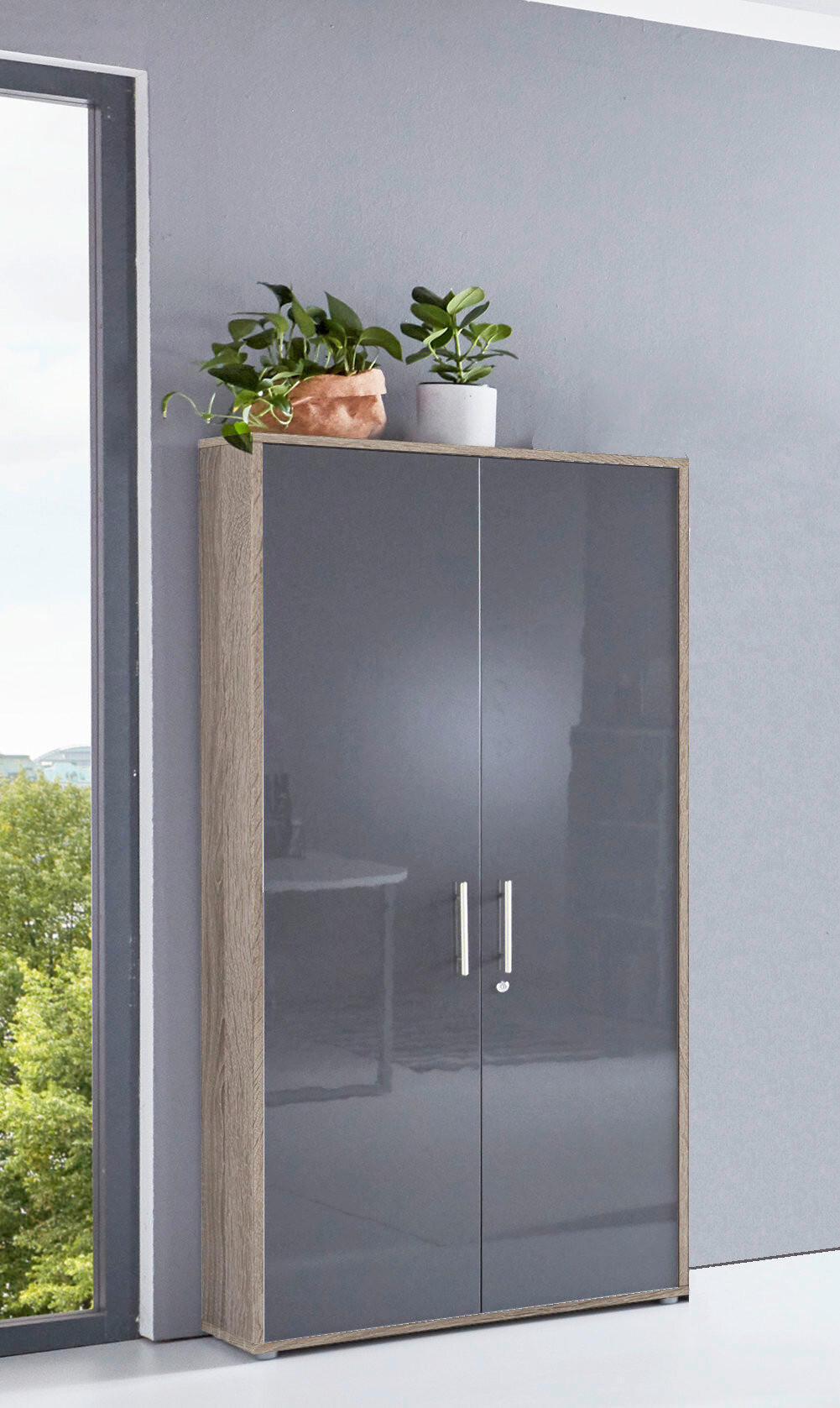 AKTENSCHRANK Sonoma Eiche, Anthrazit Hochglanz  - Anthrazit Hochglanz/Sonoma Eiche, MODERN, Holzwerkstoff (84,4/185,6/33cm) - MID.YOU