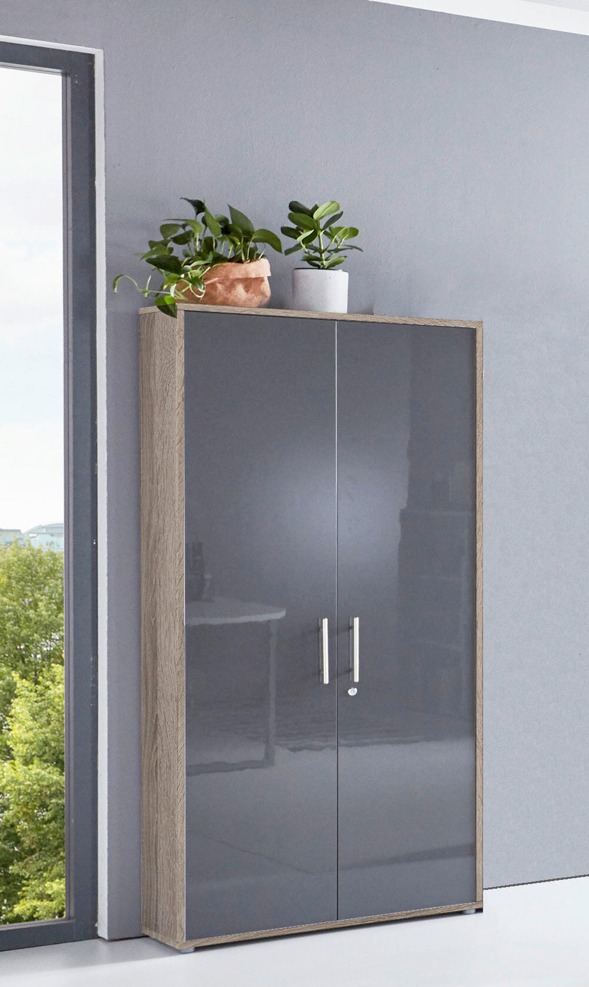 AKTENSCHRANK Sonoma Eiche, Anthrazit Hochglanz  - Anthrazit Hochglanz/Sonoma Eiche, MODERN, Holzwerkstoff (84,4/185,6/33cm) - MID.YOU