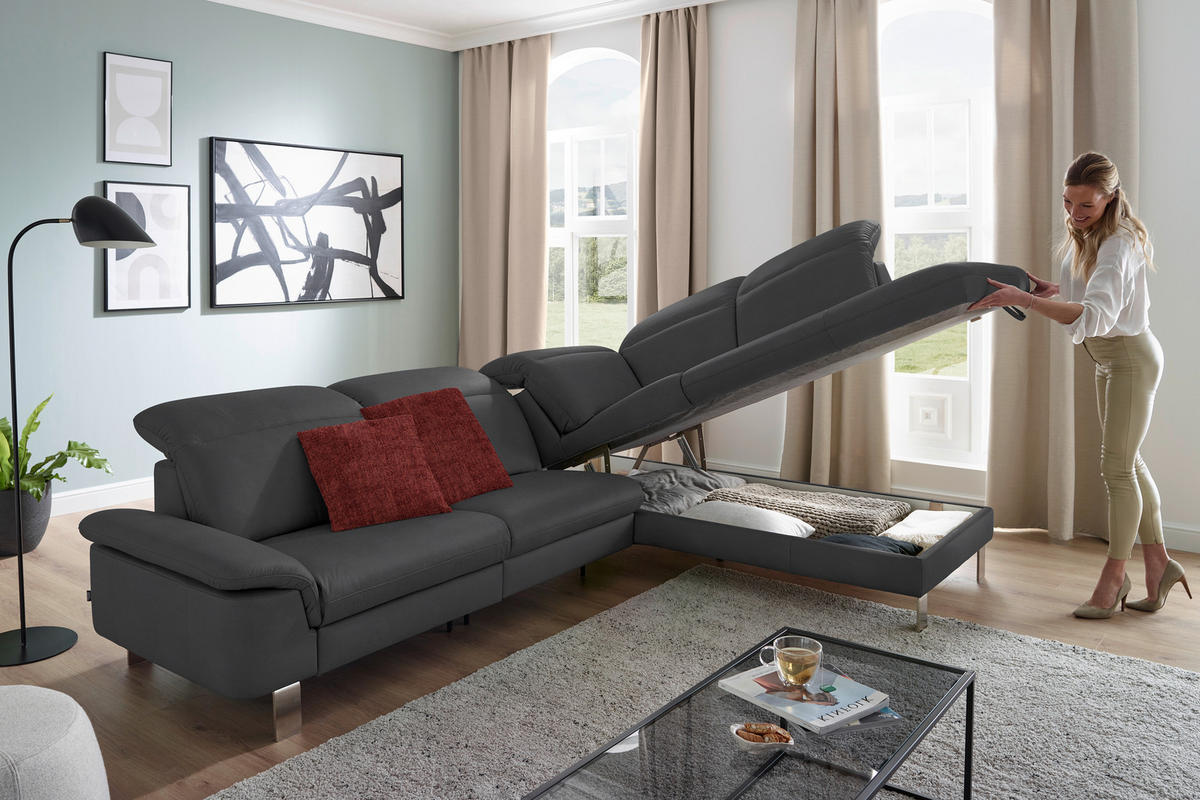 ECKSOFA in Echtleder Grau  309/233 cm  - Edelstahlfarben/Grau, Design, Leder/Metall (309/233cm) - Dieter Knoll