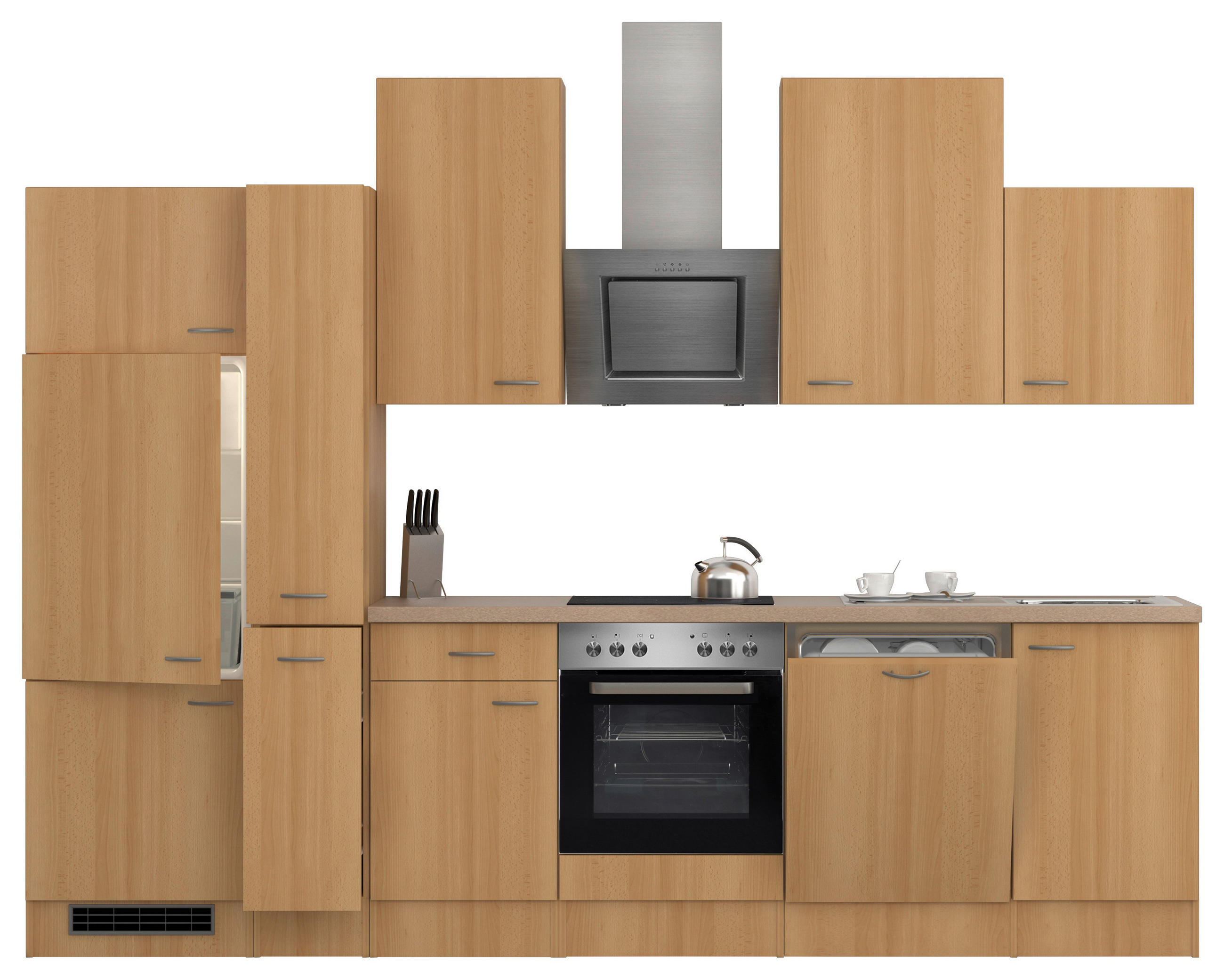 KÜCHENBLOCK 310 cm in Buchefarben - Edelstahlfarben/Beige, MODERN, Holzwerkstoff/Kunststoff (310cm) - FlexWell