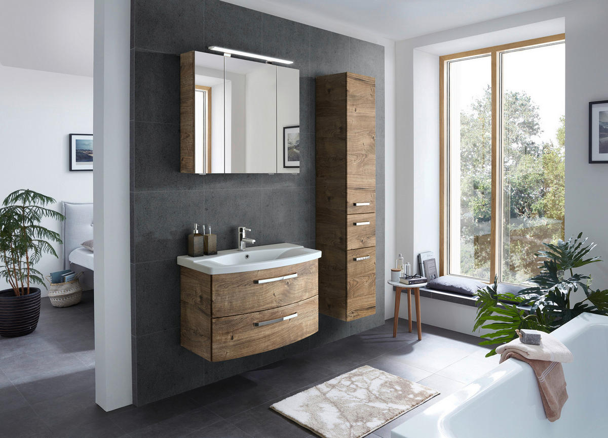 BADEZIMMER 3-teilig  in 84 cm  - Eiche dunkel/Chromfarben, MODERN, Glas/Keramik (84cm) - Sadena