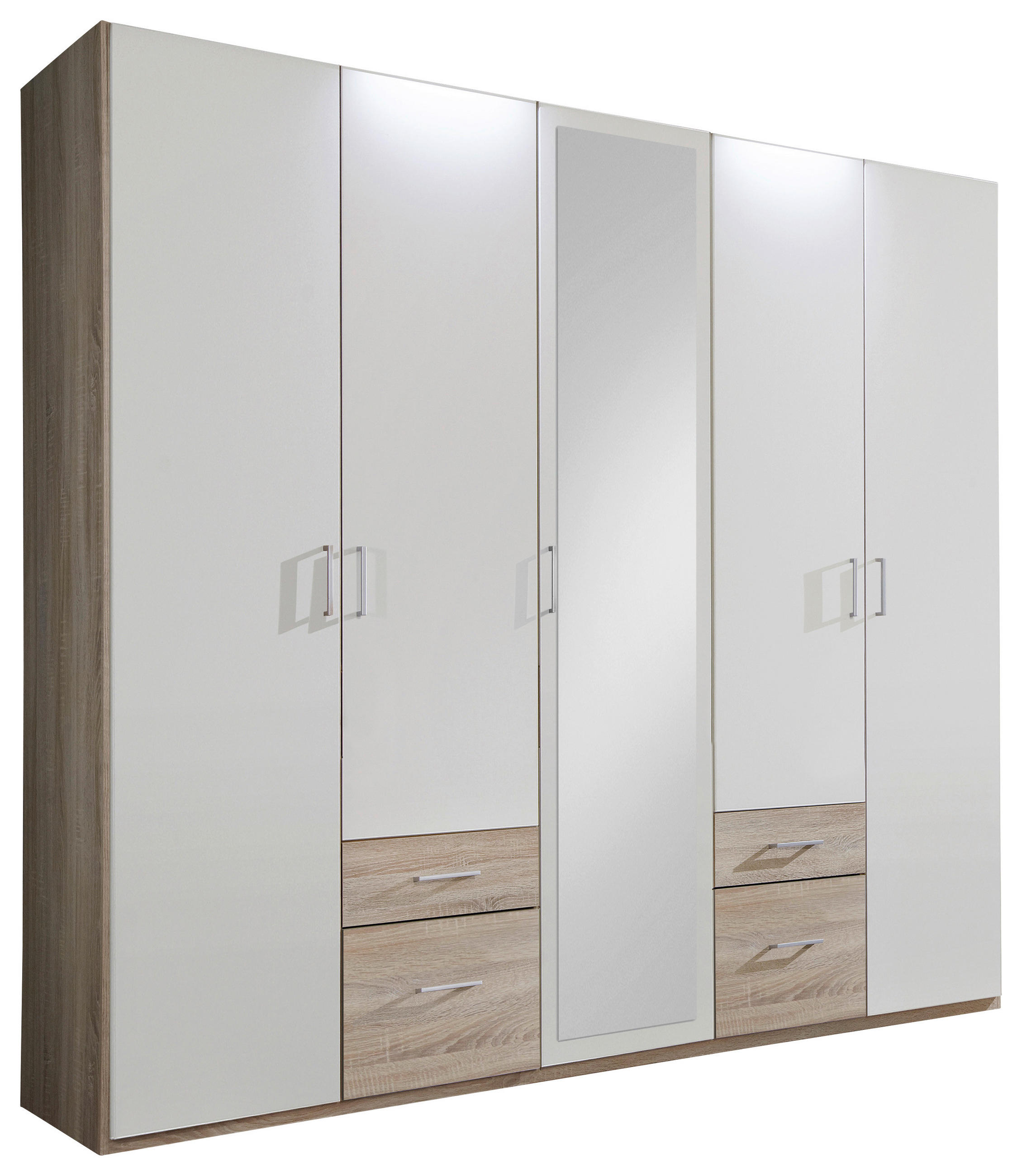 KLEIDERSCHRANK 5-türig Weiß, Eichefarben - Eichefarben/Silberfarben, Design, Glas/Holzwerkstoff (225/210/58cm) - MID.YOU