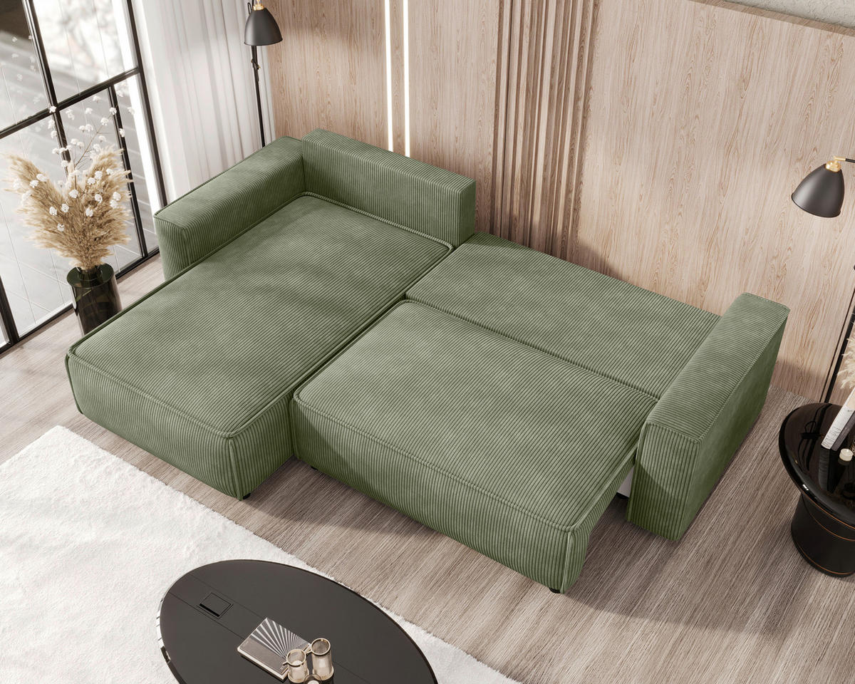 ECKSOFA 190/280 cm MERO in Cord Grün Zierkissen, Rückenkissen, Bettkasten  190/280 cm  - Schwarz/Grün, MODERN, Kunststoff/Textil (190/280cm) - MID.YOU