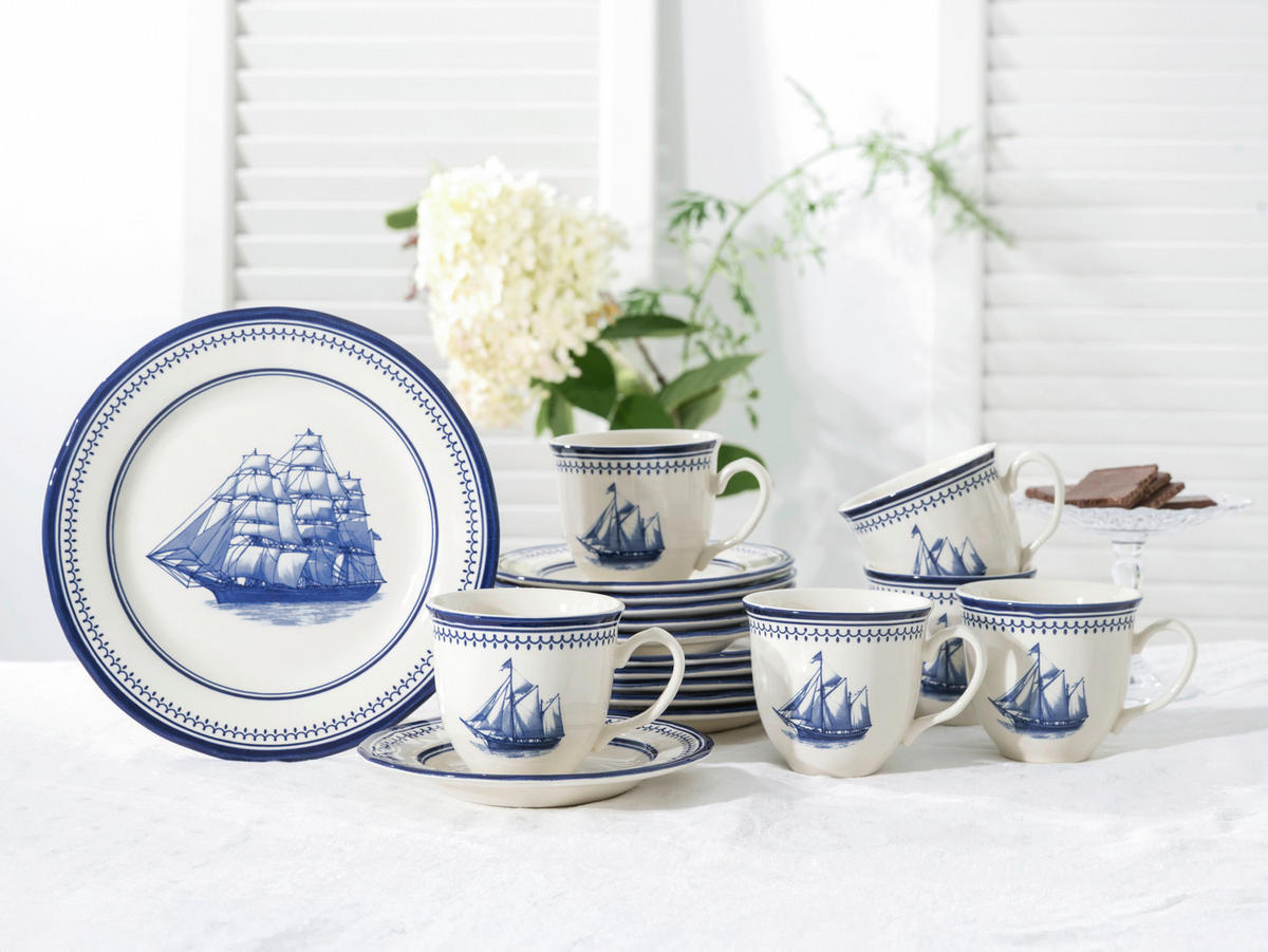 KAFFEESERVICE Blau, Weiß Segelschiff blau 18-teilig  - Blau/Weiß, Basics, Keramik - Creatable