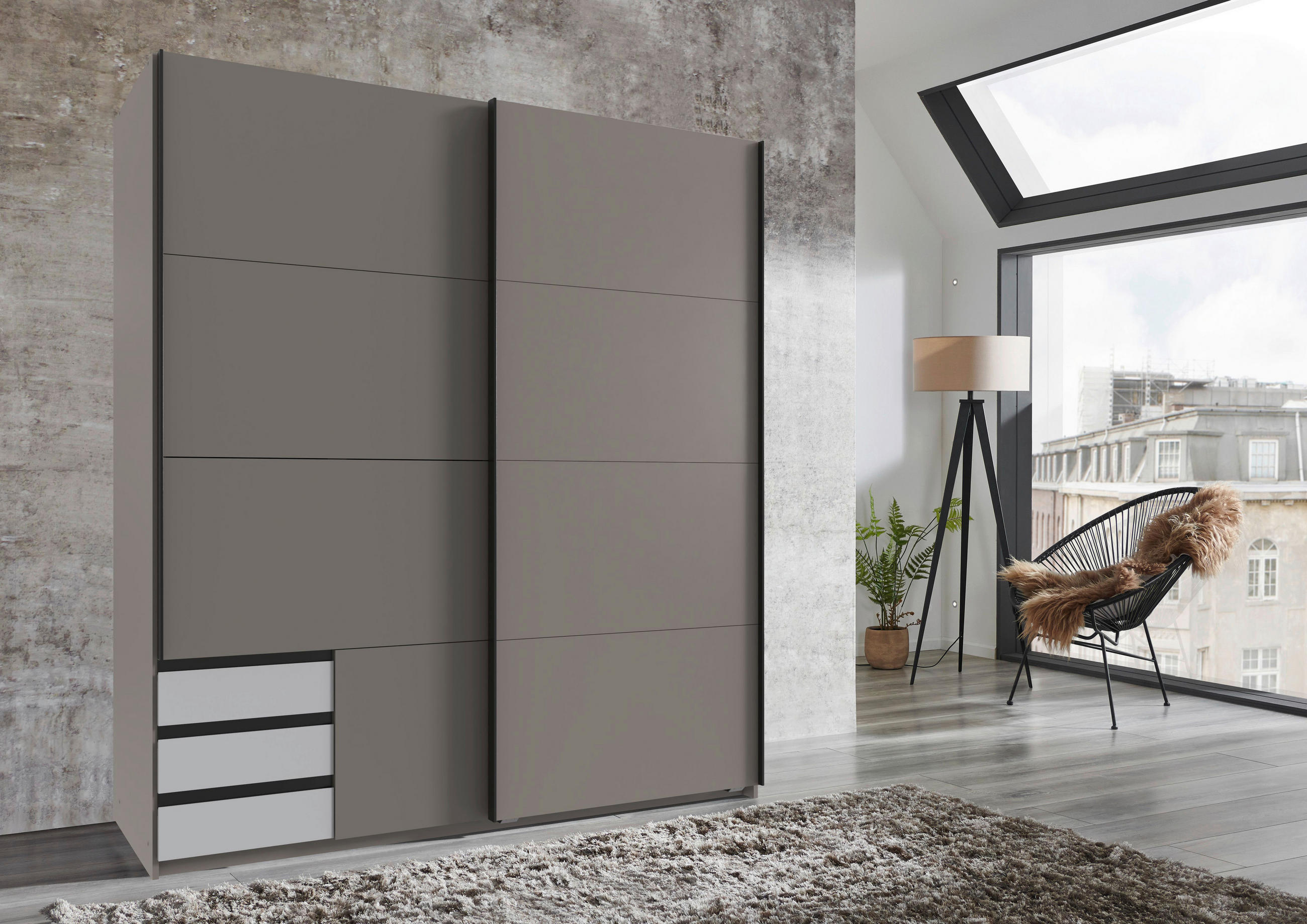 SCHWEBETÜRENSCHRANK  in Sahara, Grau, Weiß  - Schwarz/Weiß, Design, Holzwerkstoff/Metall (179/198/65cm) - Carryhome