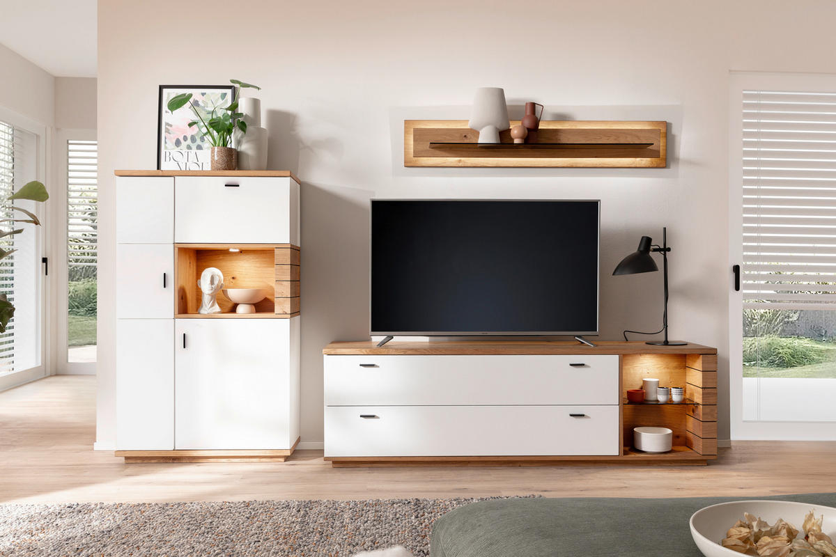 WOHNWAND 3-teilig  in Weiß, Wildeiche  315/181/50 cm  - Wildeiche/Anthrazit, Design, Glas/Holz (315/181/50cm) - Novel