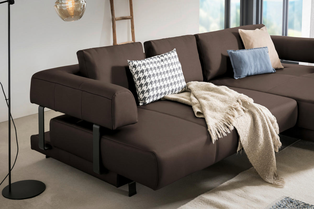 ECKSOFA Braun Echtleder  - Schwarz/Braun, Design, Leder/Metall (307/188cm)