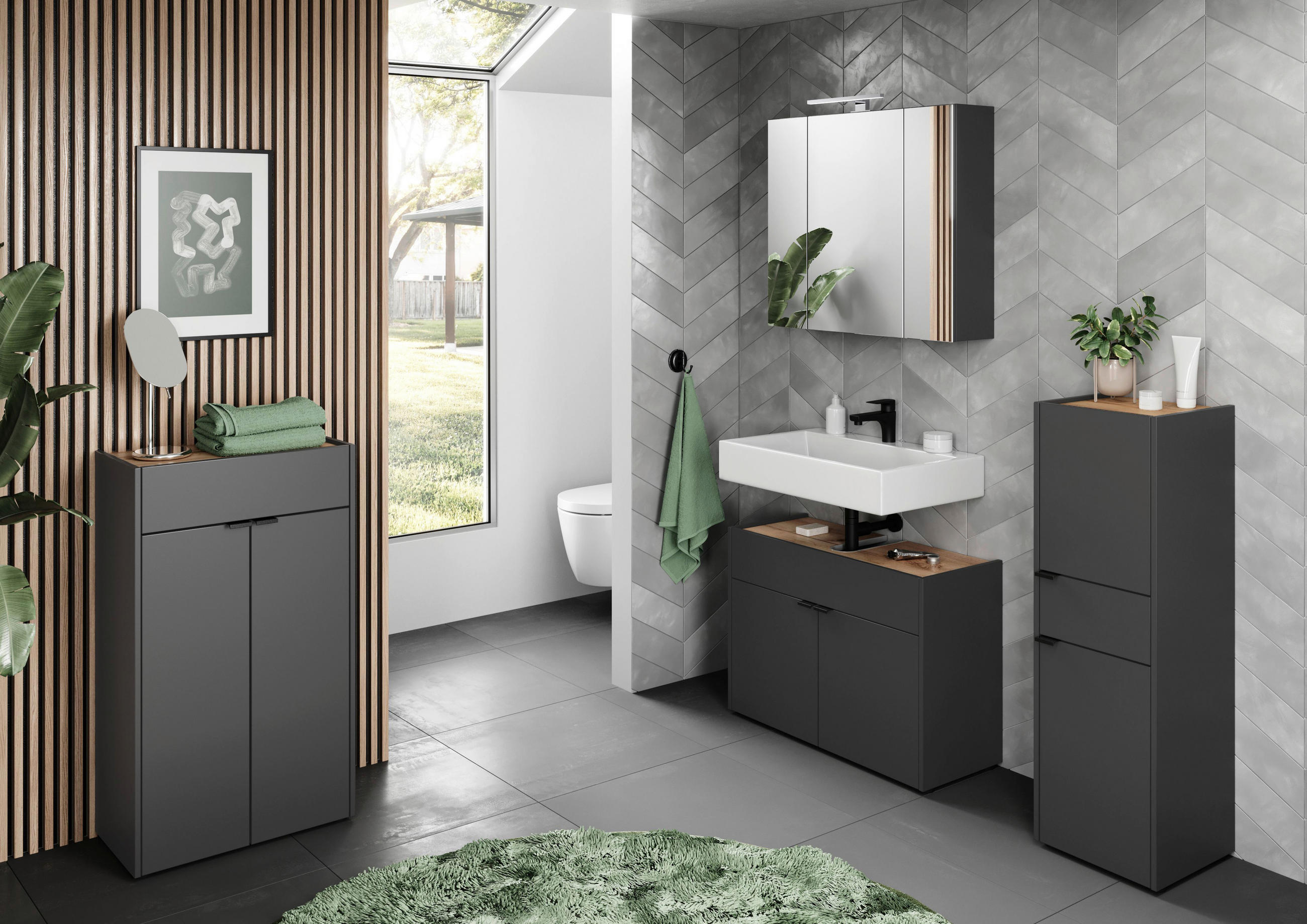 BADEZIMMER 4-teilig  in 200 cm  - Eichefarben/Schwarz, MODERN, Holzwerkstoff/Kunststoff (200cm) - Germania