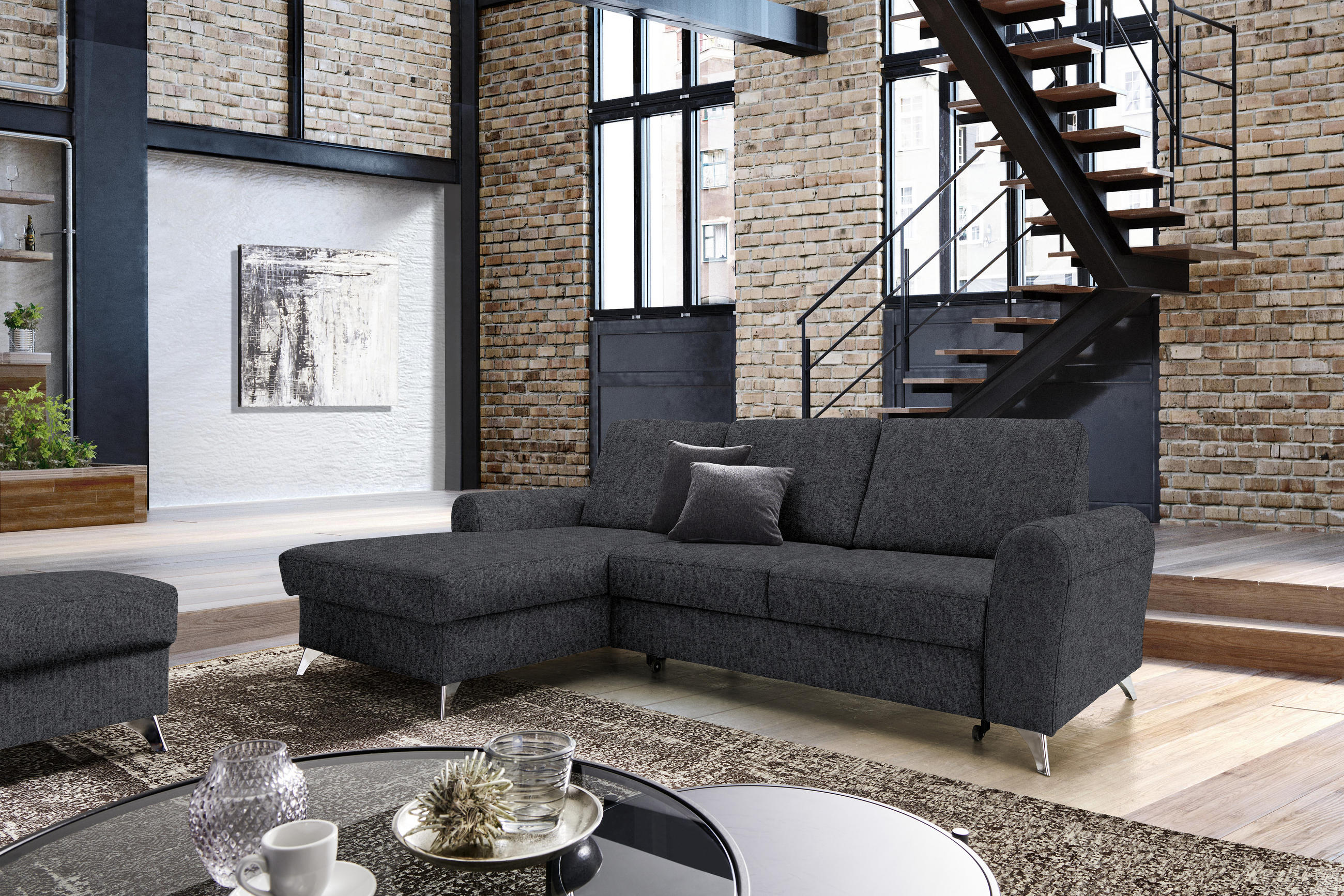ECKSOFA Dunkelgrau Flachgewebe  - Dunkelgrau/Silberfarben, Design, Textil/Metall (167/244cm) - Cantus