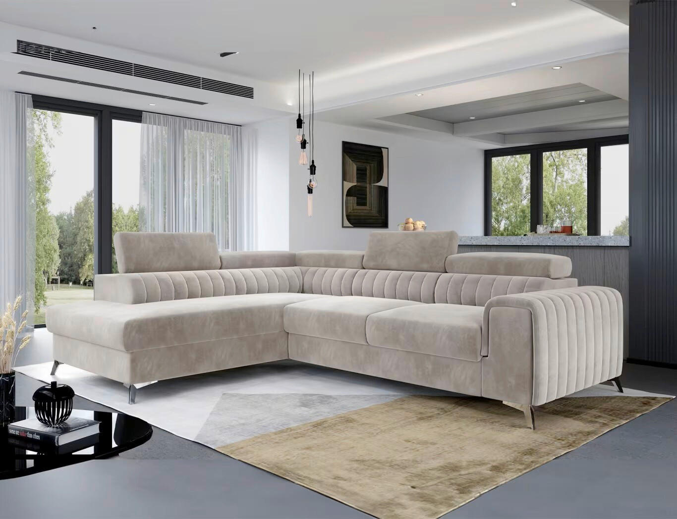ECKSOFA Beige Plüsch  - Beige/Silberfarben, Design, Textil/Metall (205/278cm) - MID.YOU