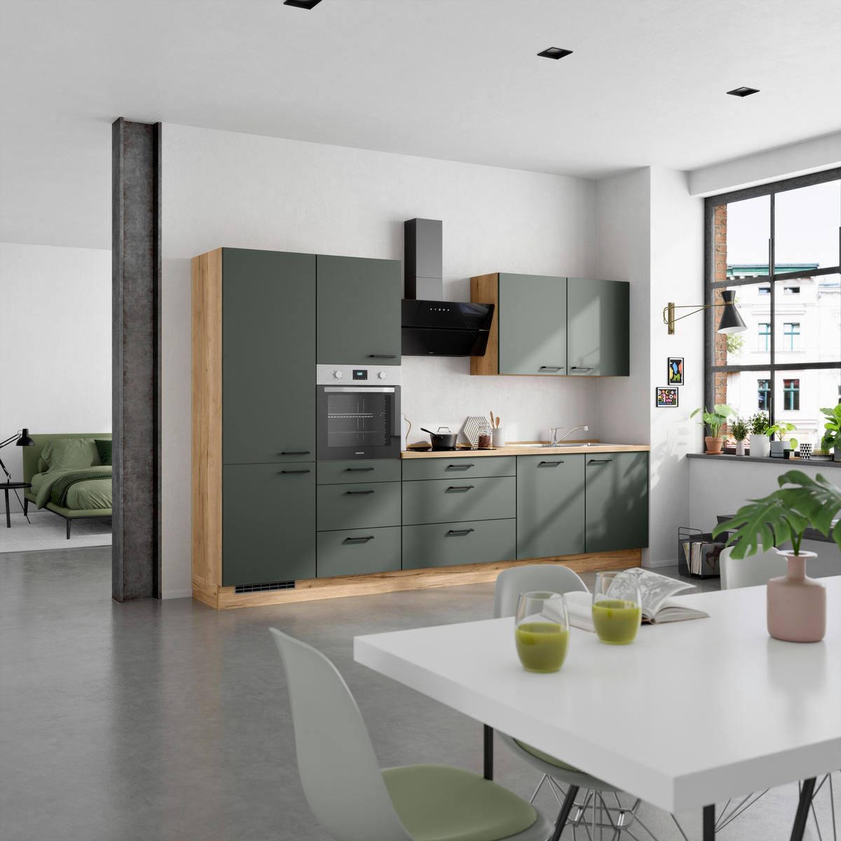 KÜCHENBLOCK Easytouch 330 cm  in Eichefarben, Dunkelgrün  - Dunkelgrün/Eichefarben, MODERN, Holzwerkstoff/Metall (330cm) - Nobilia
