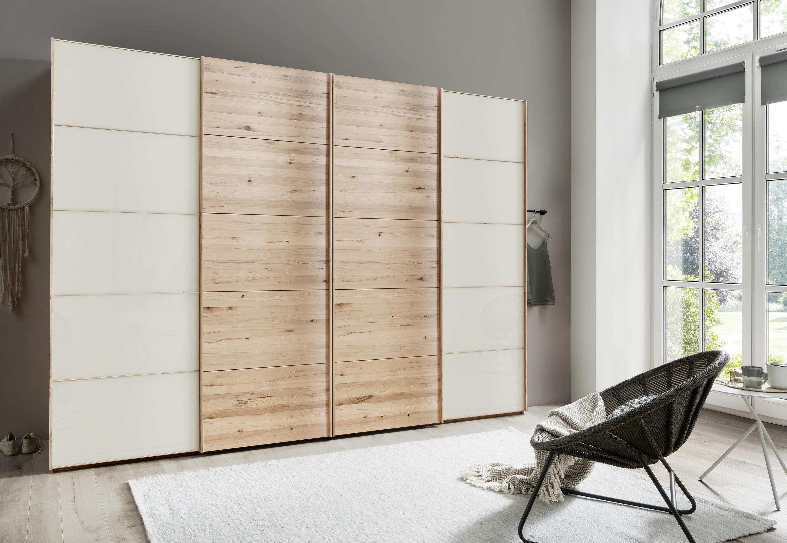 SCHWEBETÜRENSCHRANK 330/236/67 cm 4-türig  - Champagner/Buchefarben, Natur, Glas/Holz (330/236/67cm) - Linea Natura