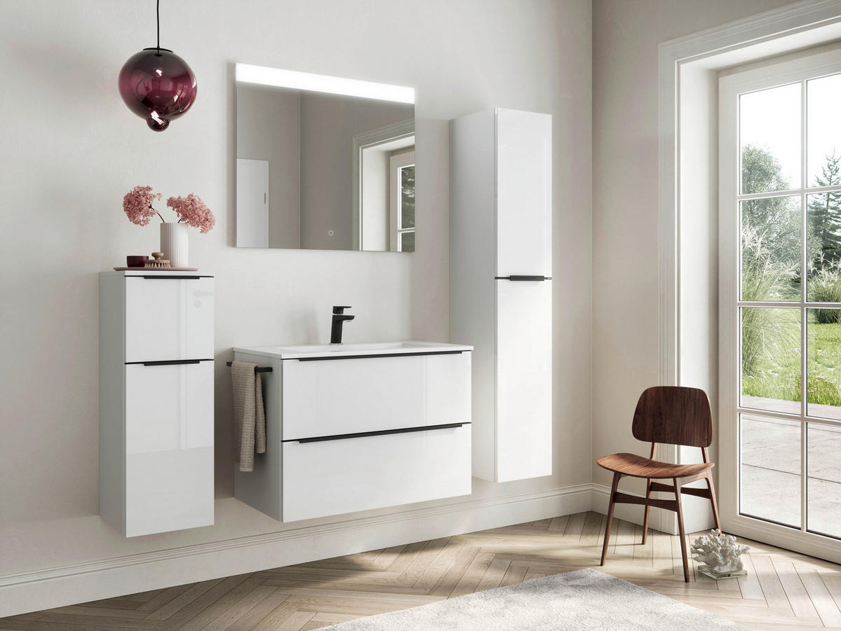BADEZIMMER 3-teilig  in 81 cm  - Weiß Hochglanz/Schwarz, MODERN, Holzwerkstoff/Stein (81cm) - Nobilia