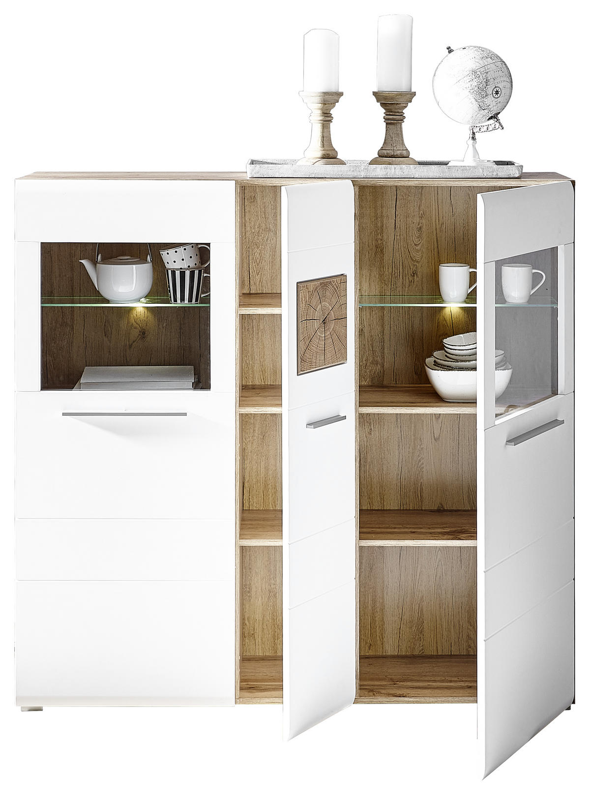 VISOKA KOMODA   140/135/37 cm   bela, boja hrasta  - boja hroma/boja hrasta, Konvencionalno, staklo/drvo (140/135/37cm) - Hom`in