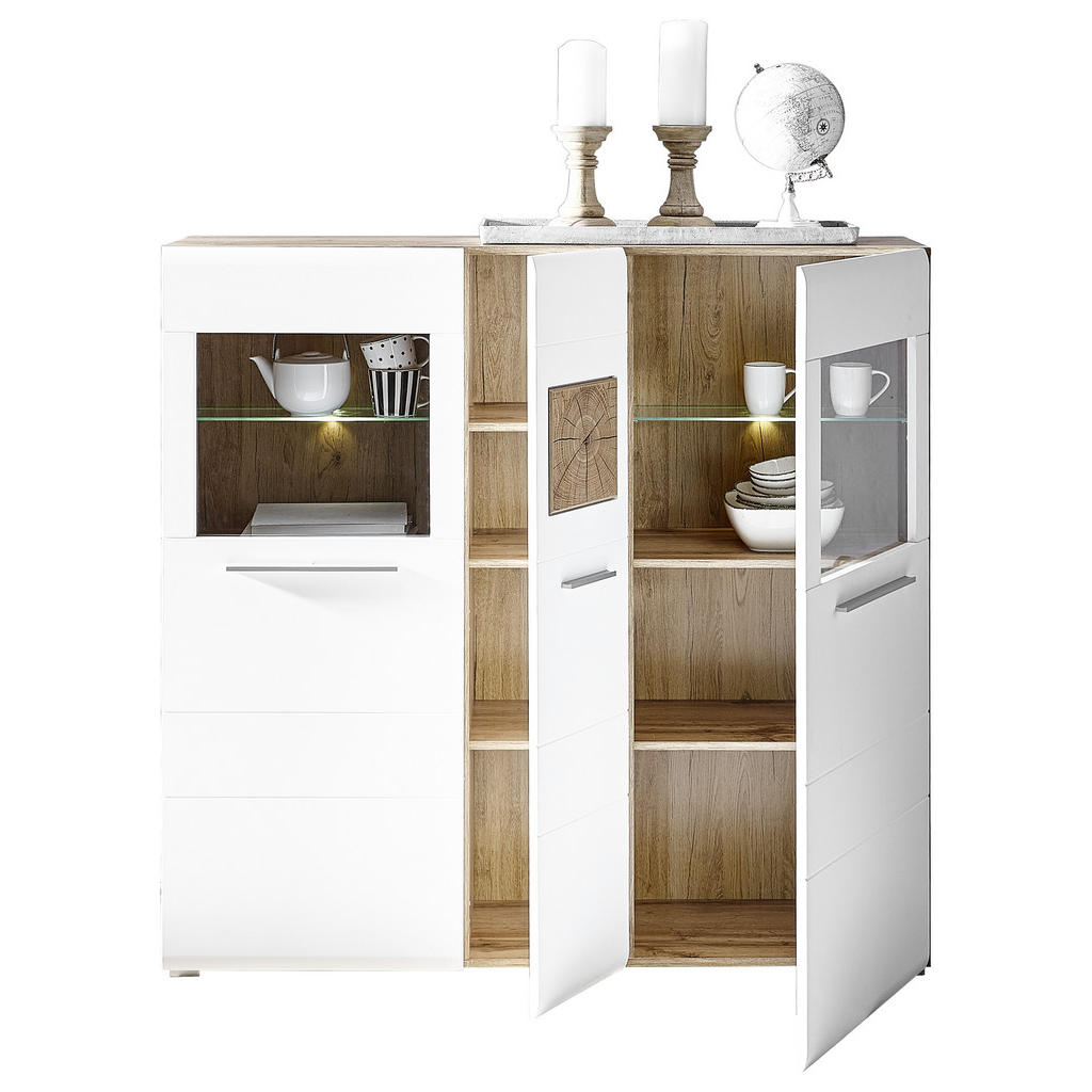 Thumbnail - Hom`in Highboard, Weiß, Eiche, Holz, Glas, 9 Fächer, 140x135x37 cm, Typenauswahl, Beimöbel erhältlich, Wohnzimmer, Kommo...