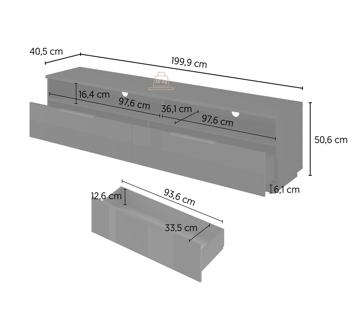LOWBOARD Tuluza 199,9/50,6/40,5 cm 2 Schublade(n) stehend  - Schwarz Hochglanz/Schwarz, Design, Holzwerkstoff/Metall (199,9/50,6/40,5cm) - MID.YOU