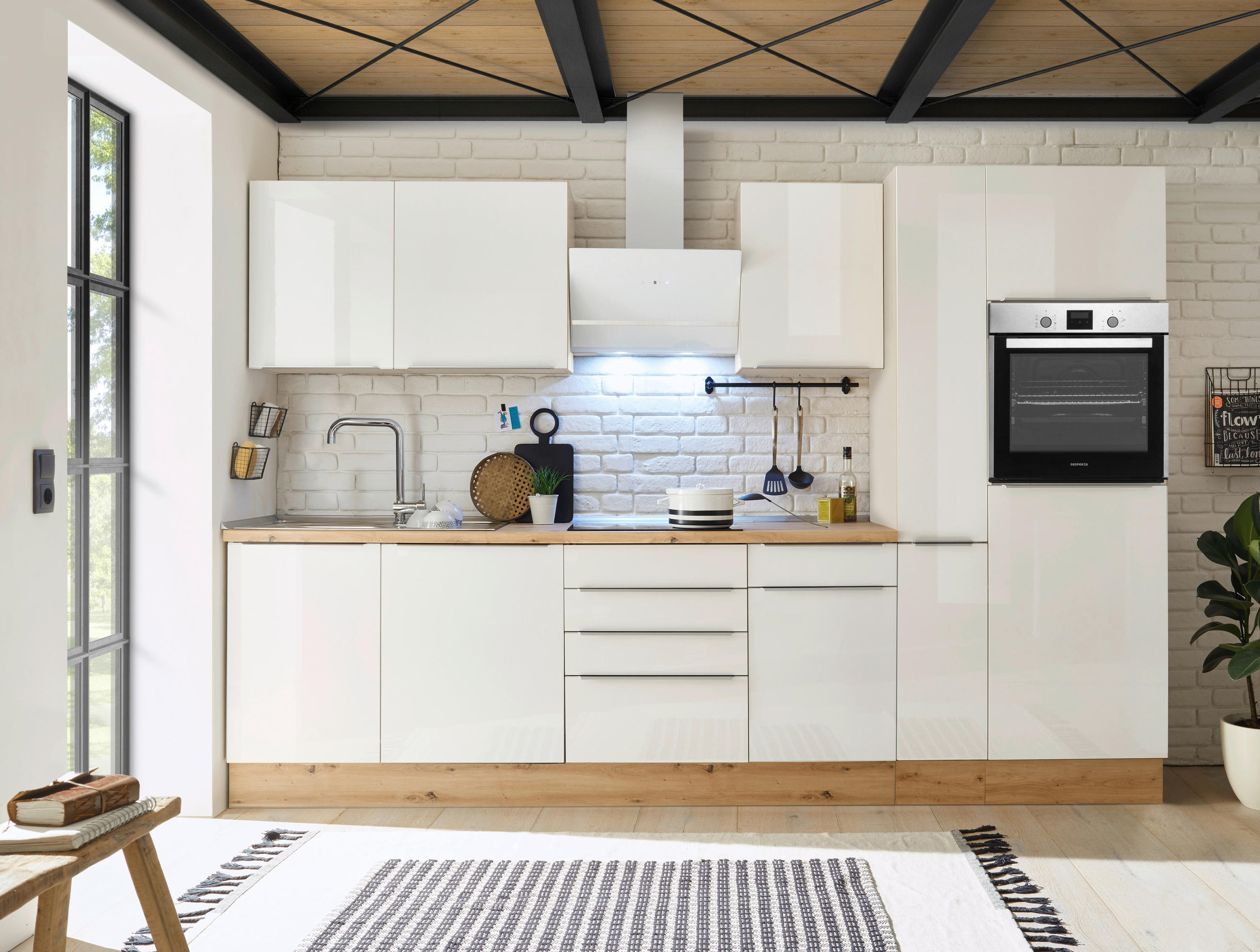 KÜCHENBLOCK 310 cm   in Weiß, Eiche Artisan, Weiß Hochglanz  - Weiß Hochglanz/Alufarben, LIFESTYLE, Holzwerkstoff/Kunststoff (310cm) - Respekta