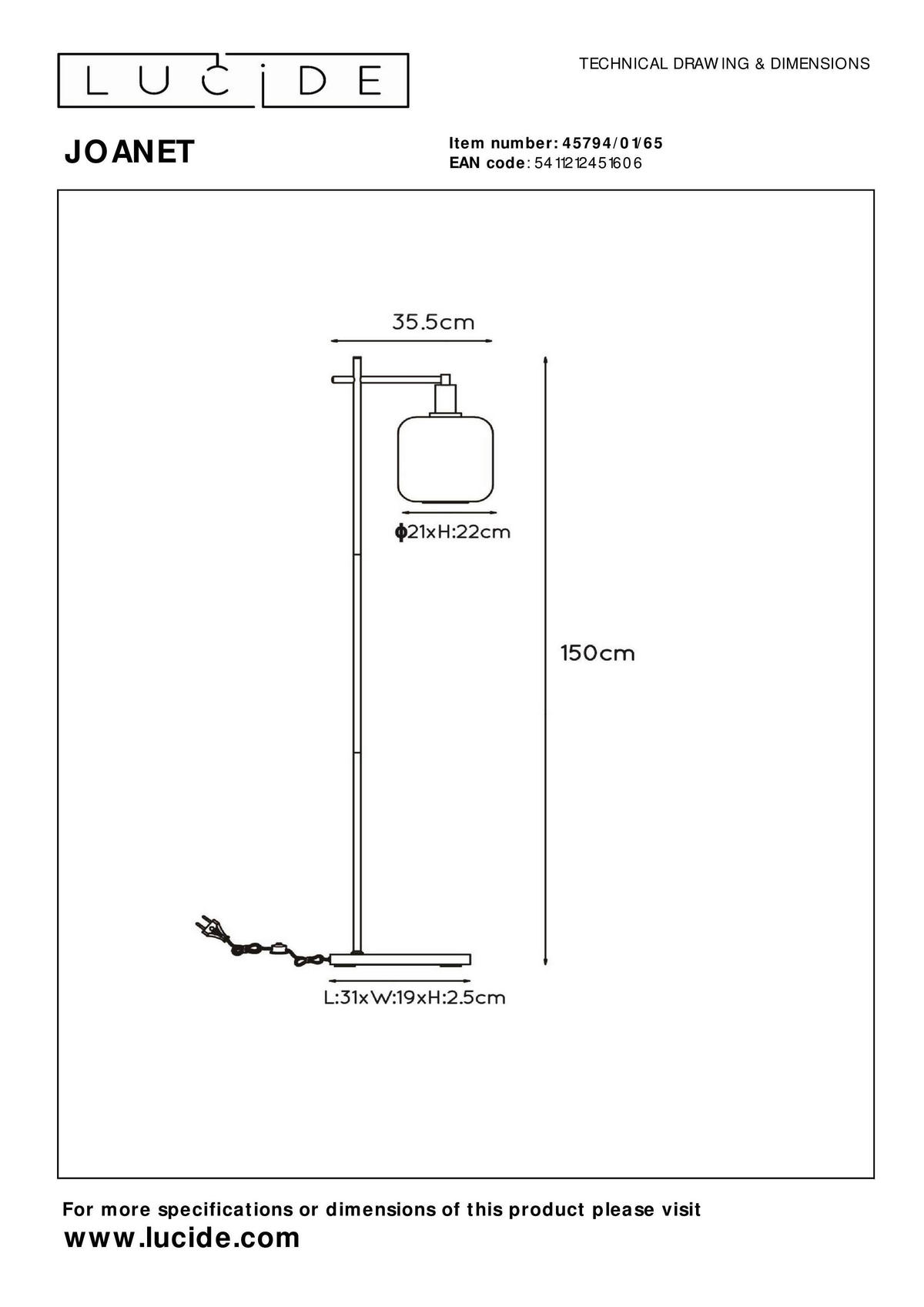 STEHLEUCHTE Joanet 35.5/31/150 cm Modern  - Hellgrau/Schwarz, Design, Glas/Metall (35.5/31/150cm) - Lucide
