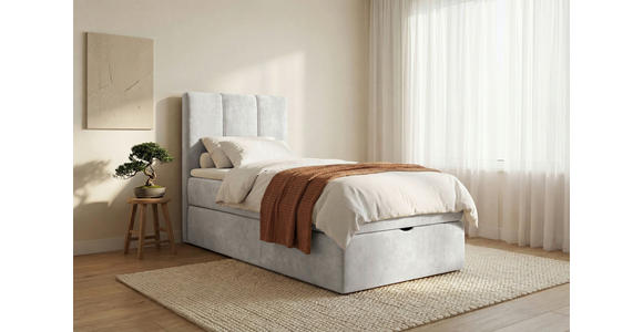 BOXBETT 70/200 cm,  in Hellgrau, Matratze, gepolstertes Kopfteil, Bettkasten, Topper, H3 = fest  - Hellgrau/Schwarz, Design, Holzwerkstoff/Kunststoff (70/200cm) - Esposa