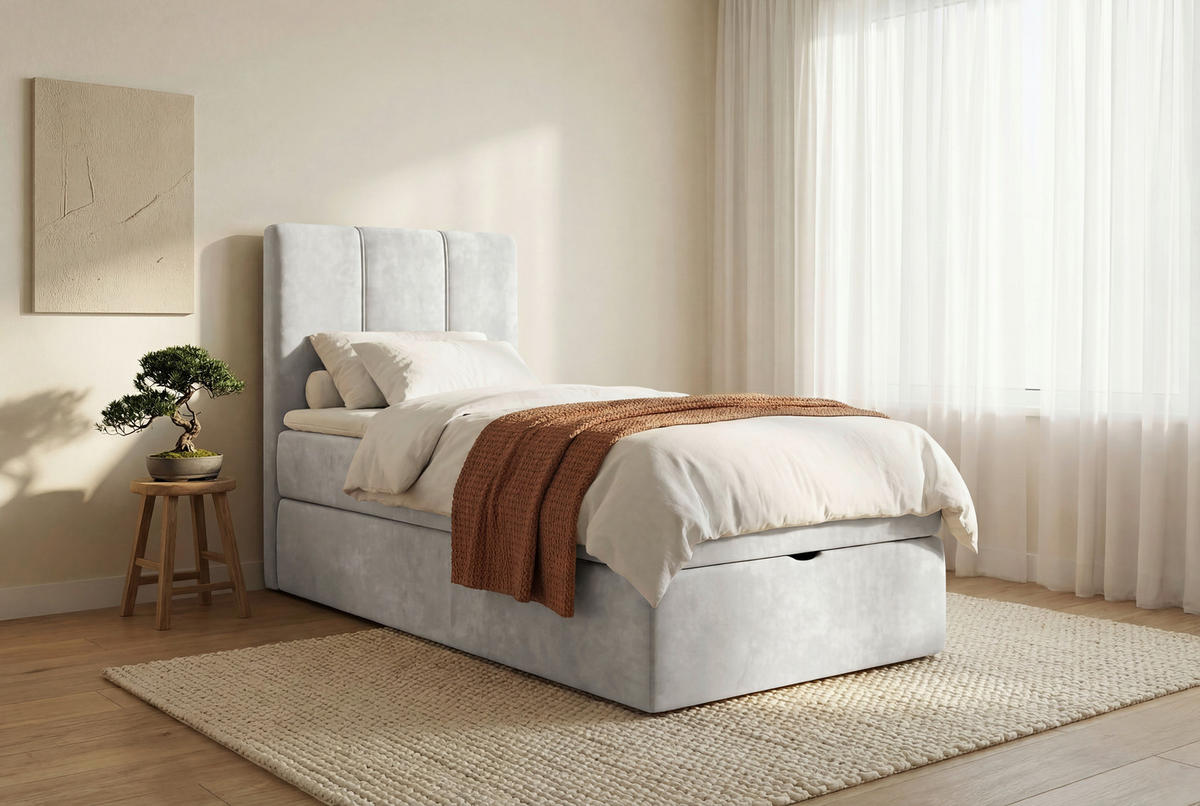 BOXBETT 70/200 cm,  in Hellgrau, Matratze, gepolstertes Kopfteil, Bettkasten, Topper, H3 = fest  - Hellgrau/Schwarz, Design, Holzwerkstoff/Kunststoff (70/200cm) - Esposa