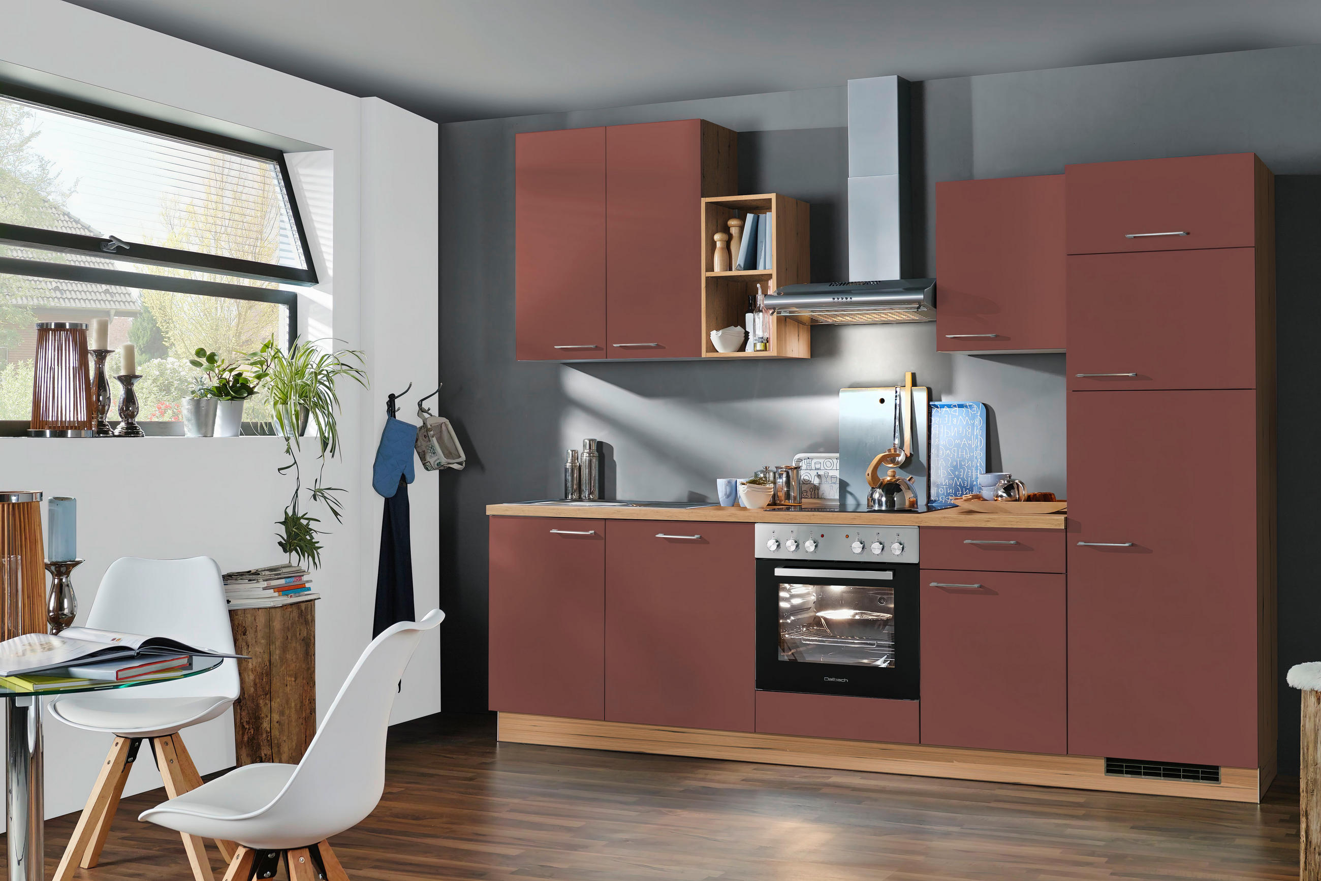 KÜCHENBLOCK 280 cm   in Eichefarben, Rot  - Edelstahlfarben/Eichefarben, KONVENTIONELL, Holzwerkstoff/Metall (280cm) - Welnova