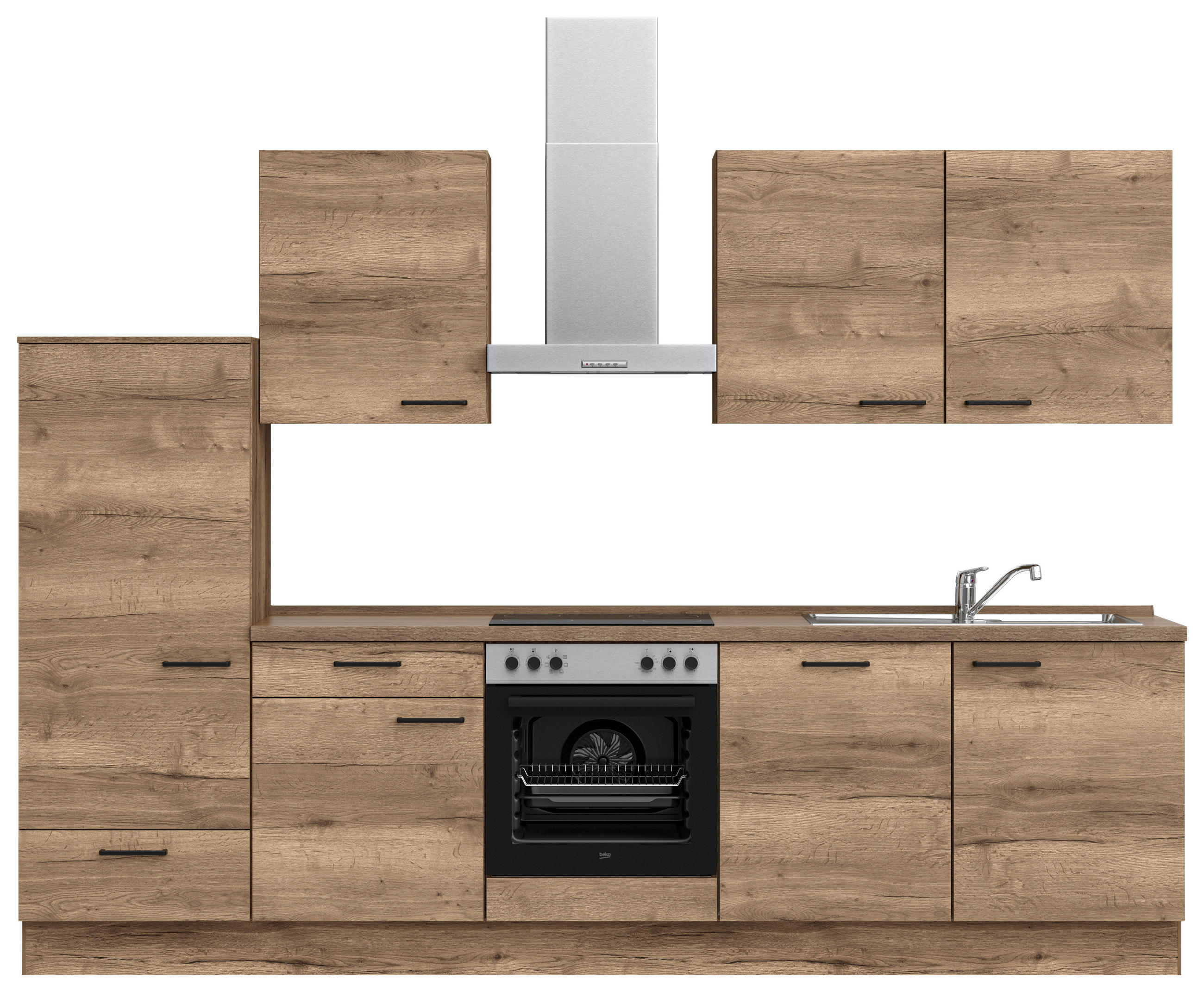 KÜCHENBLOCK 300 cm   in Eiche dunkel  - Eiche dunkel/Eichefarben, MODERN, Holzwerkstoff/Metall (300cm) - Nobilia