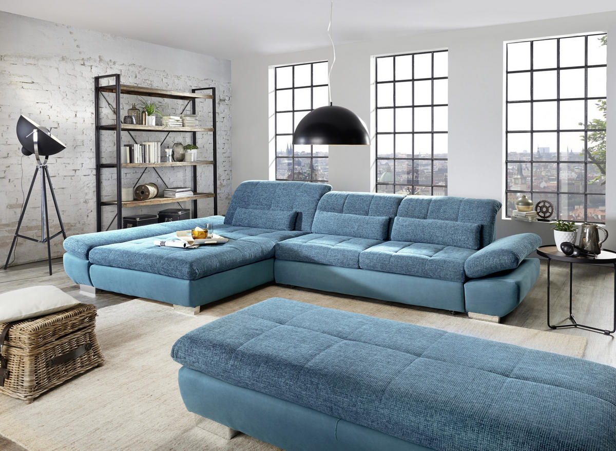 WOHNLANDSCHAFT in Flachgewebe Türkis, Petrol  - Türkis/Chromfarben, Design, Kunststoff/Textil (204/341cm) - Xora