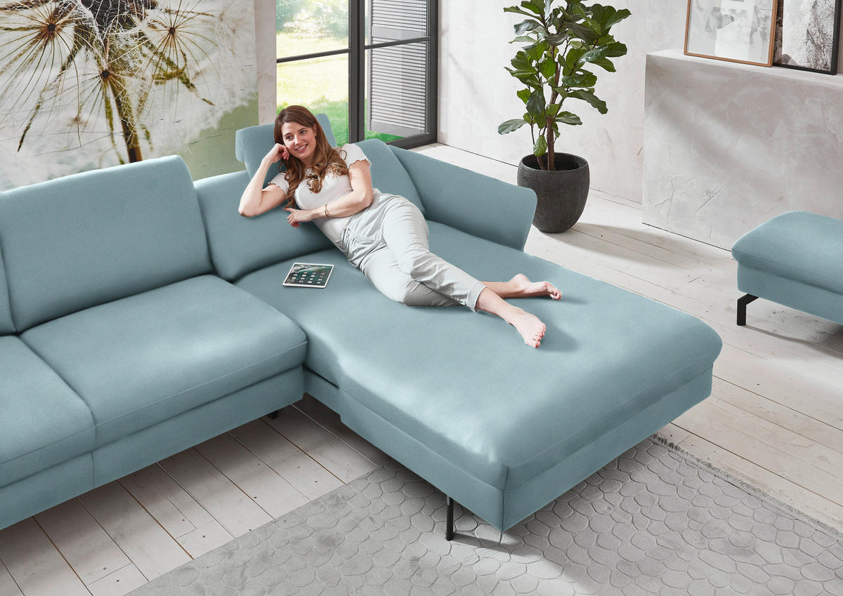 ECKSOFA in Velours Hellblau  - Schwarz/Hellblau, Design, Textil/Metall (306/179cm) - Beldomo System