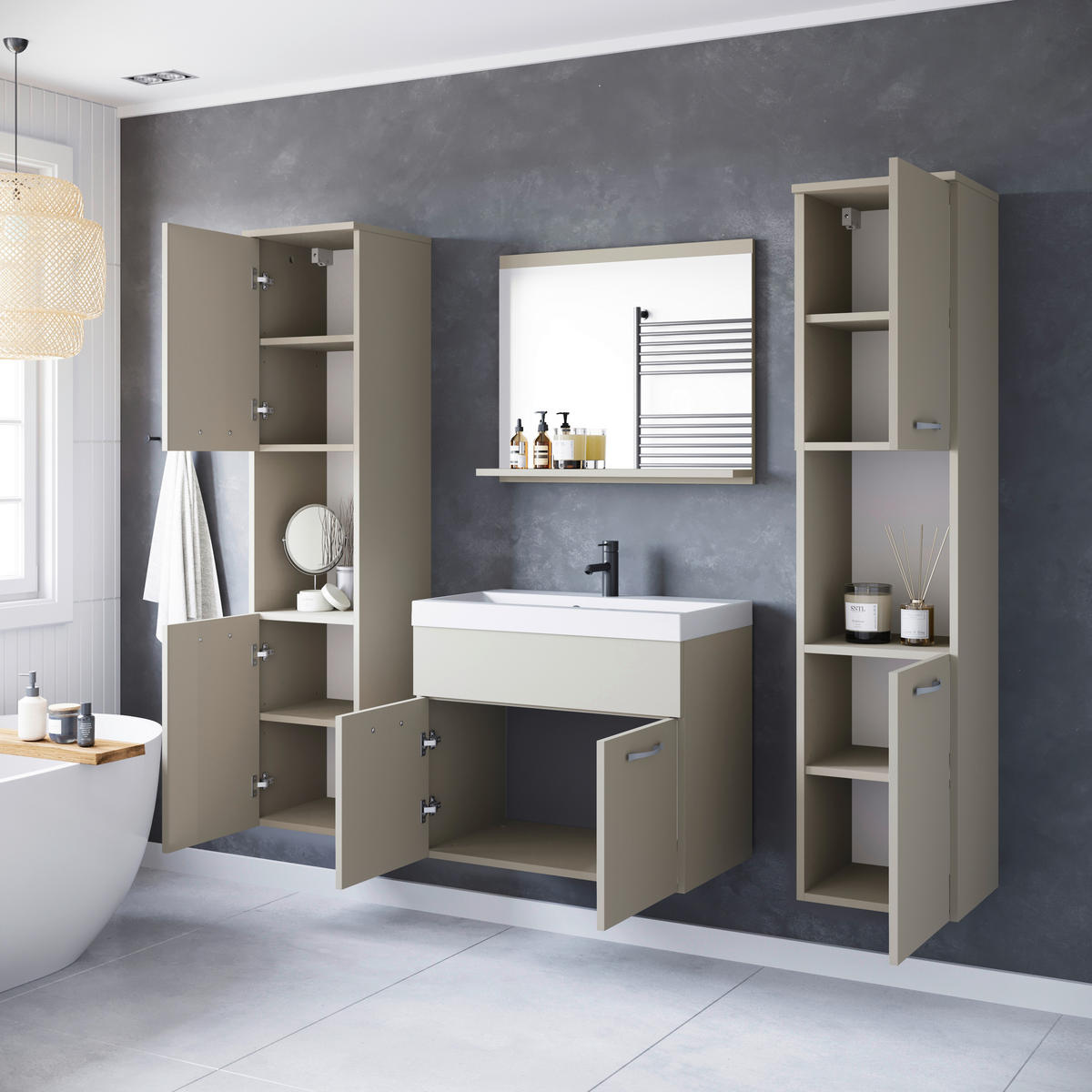 BADEZIMMER 5-teilig  in  - Kaschmir/Beige, LIFESTYLE, Keramik/Holzwerkstoff (120,4/132,8/35cm) - P & B