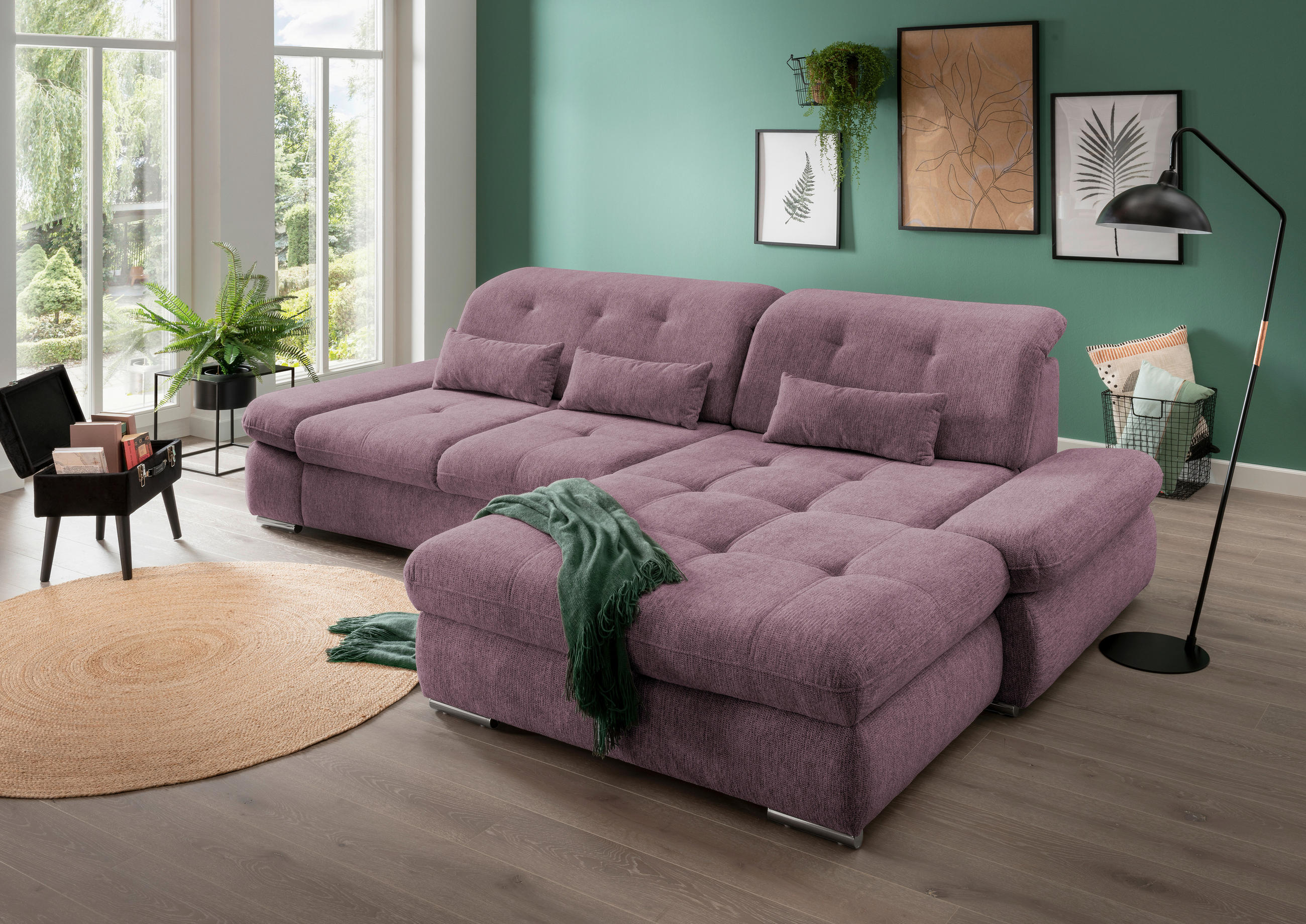 ECKSOFA Brombeere Chenille  - Chromfarben/Brombeere, Design, Textil/Metall (300/196cm) - Livetastic