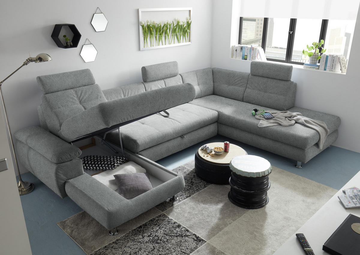 WOHNLANDSCHAFT in Webstoff Hellgrau  - Hellgrau, Modern, Kunststoff/Textil (177/349/233cm) - MID.YOU