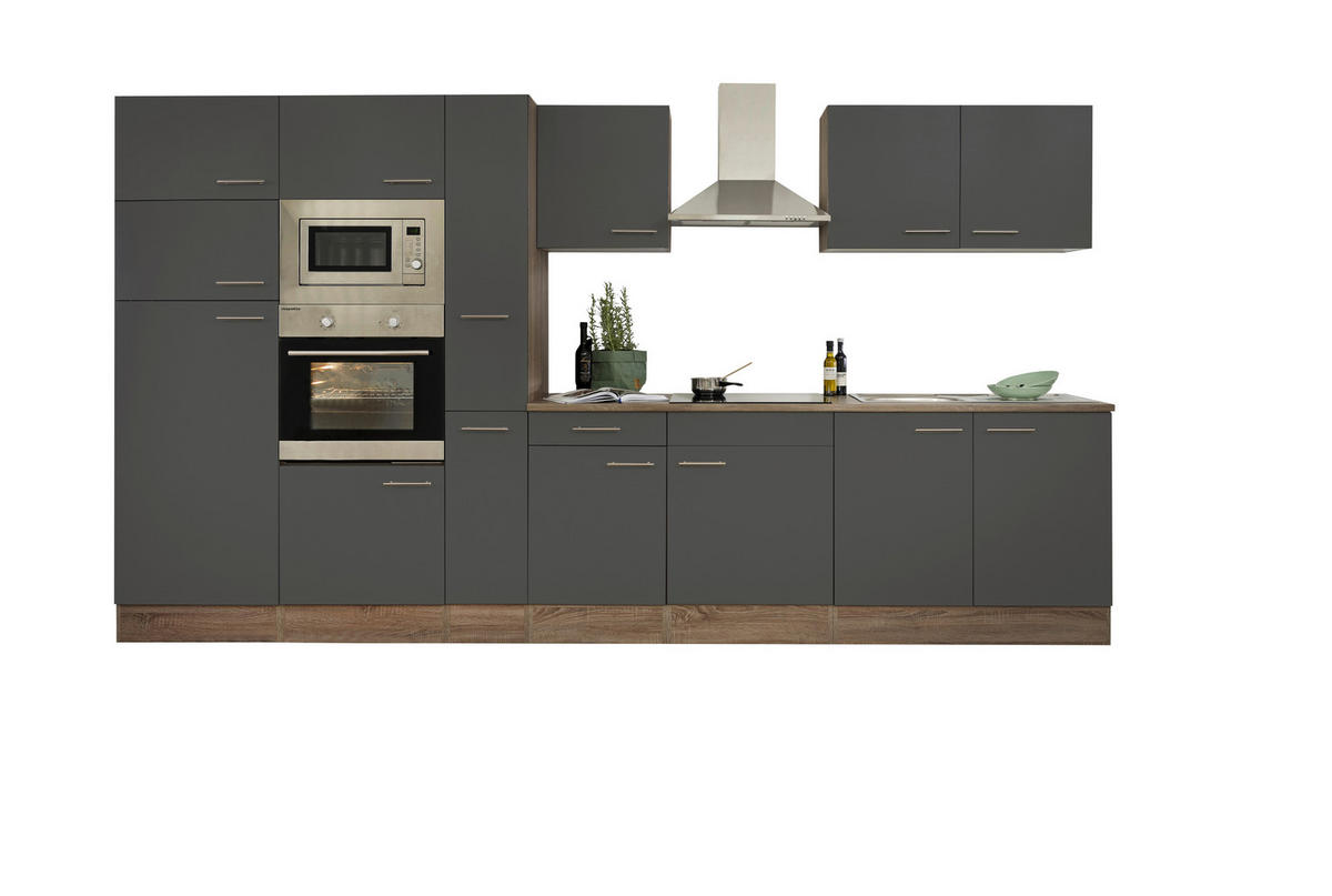 KÜCHENBLOCK 360 cm   in Grau, Eichefarben  - Edelstahlfarben/Eichefarben, Design, Holzwerkstoff/Metall (360cm) - Respekta