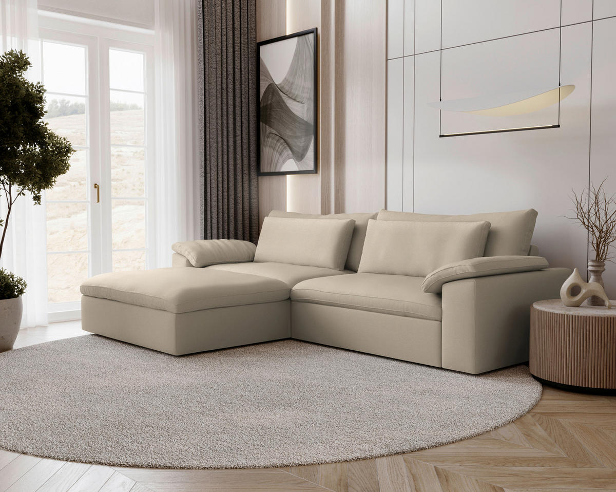 ECKSOFA 198/306 cm  in Chenille Greige Rückenkissen, Nierenkissen, Armlehnenkissen, Rücken echt  198/306 cm  - Greige/Schwarz, MODERN, Kunststoff/Textil (198/306cm) - Carryhome