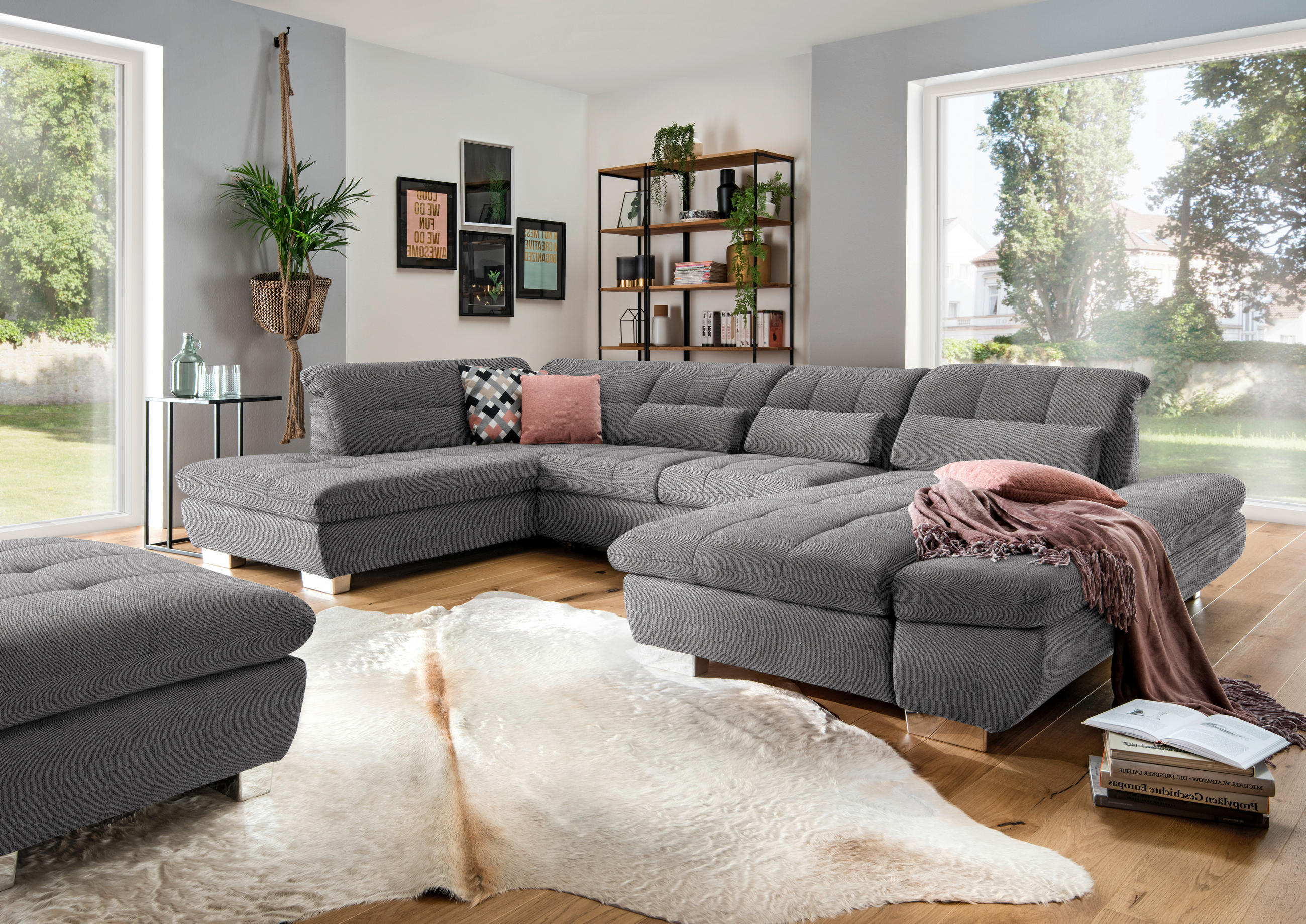 WOHNLANDSCHAFT in Mikrofaser Grau  - Chromfarben/Grau, Design, Kunststoff/Textil (211/350/204cm) - Xora