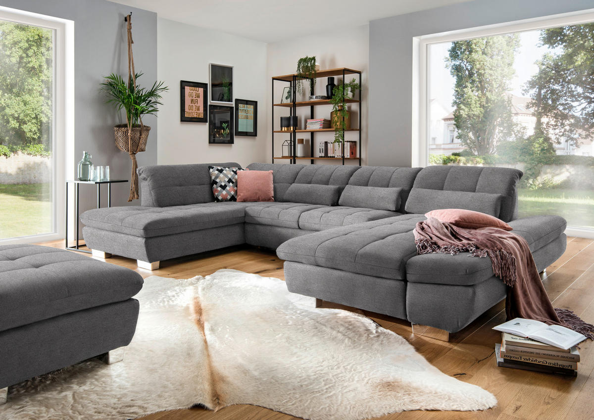 WOHNLANDSCHAFT in Mikrofaser Grau  - Chromfarben/Grau, Design, Kunststoff/Textil (211/350/204cm) - Xora