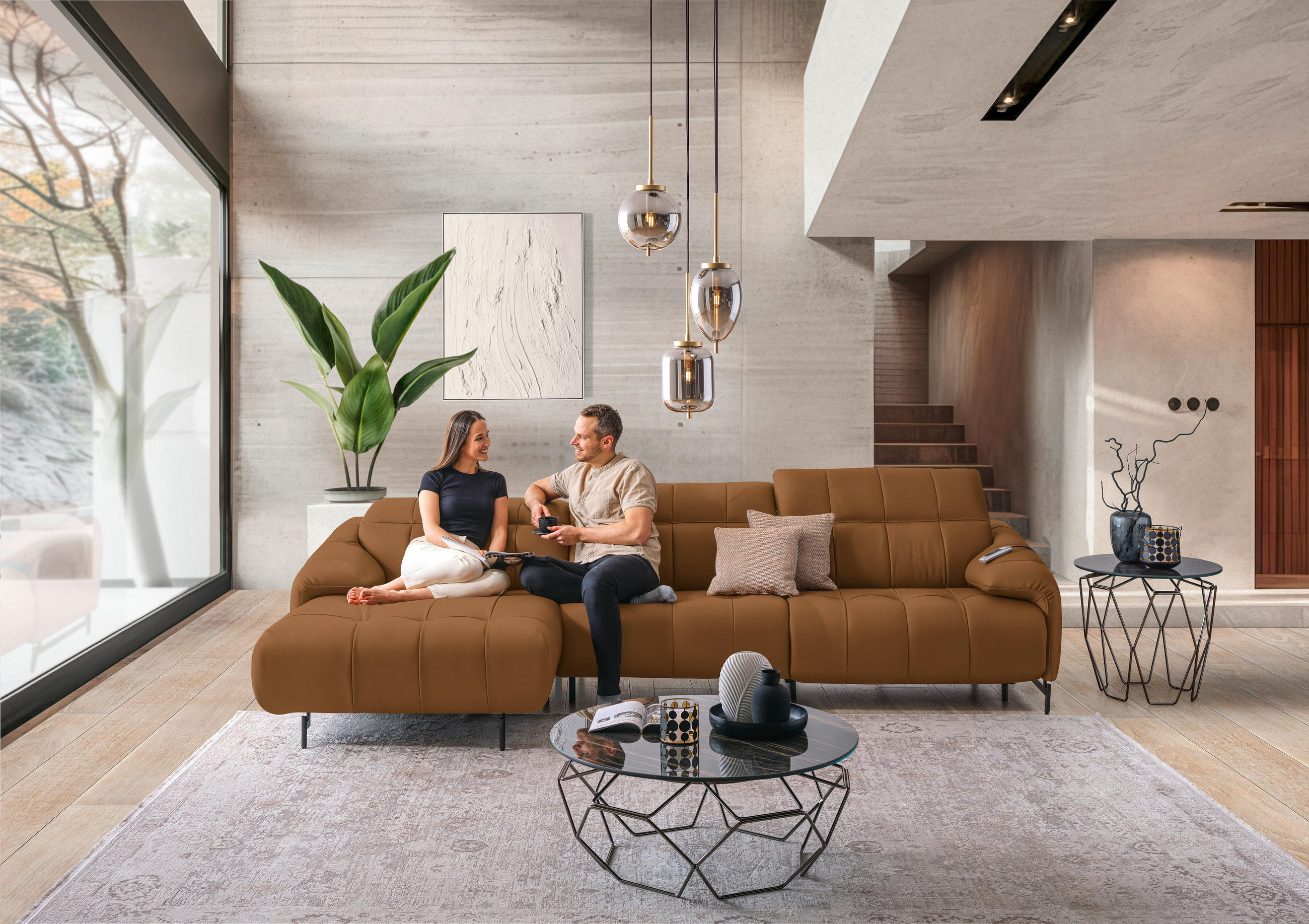ECKSOFA in Echtleder Currygelb  165/313 cm  - Currygelb/Cognac, Design, Leder/Metall (165/313cm) - Emilio Belluti