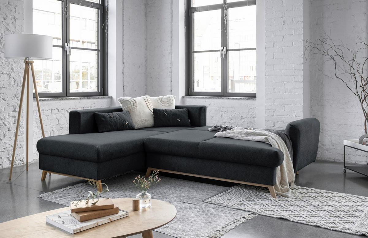 ECKSOFA in Chenille Dunkelgrau  - Dunkelgrau/Naturfarben, Holz/Textil (202/242cm) - MID.YOU