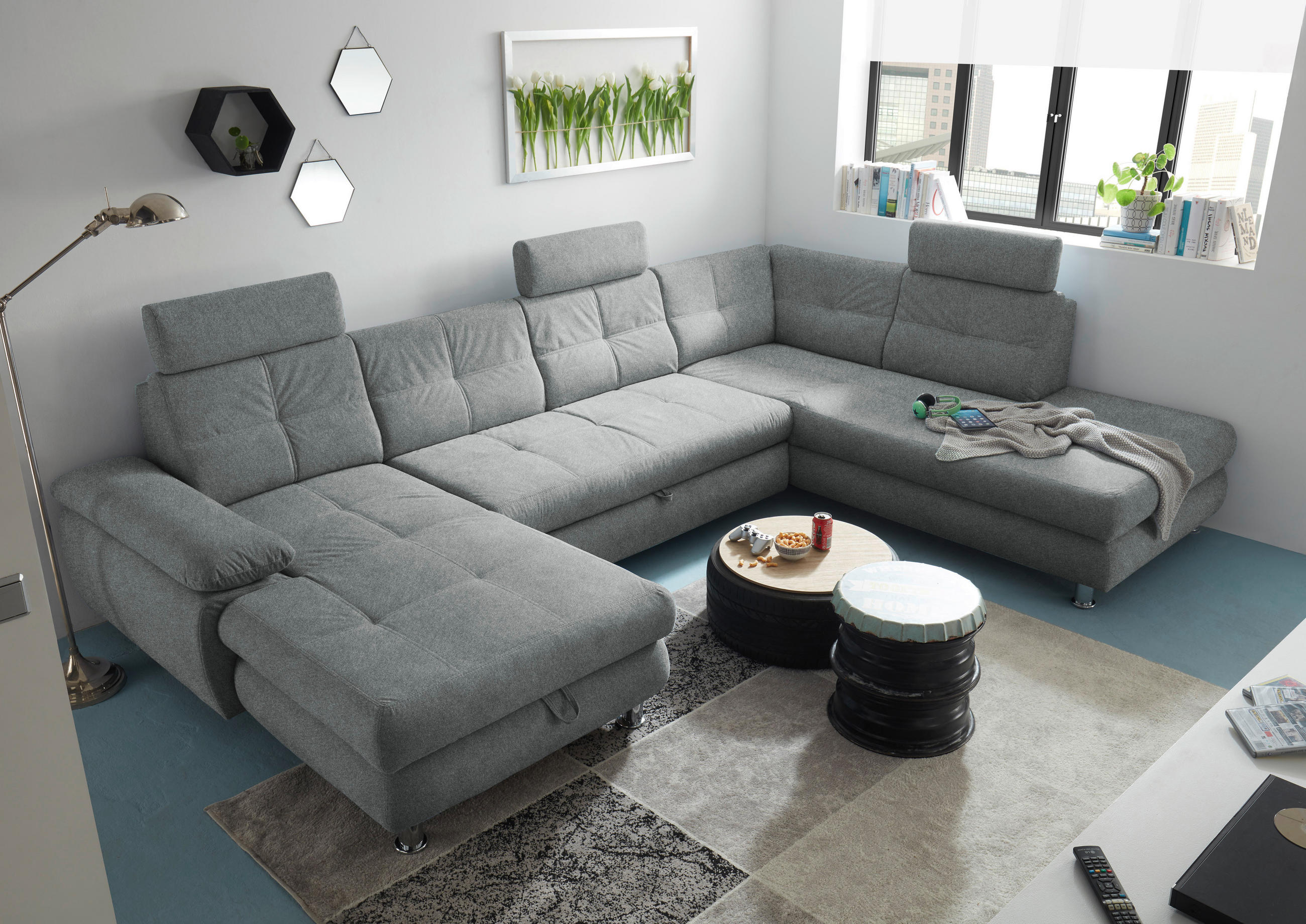 WOHNLANDSCHAFT Hellgrau Webstoff  - Hellgrau, MODERN, Kunststoff/Textil (177/349/233cm) - MID.YOU