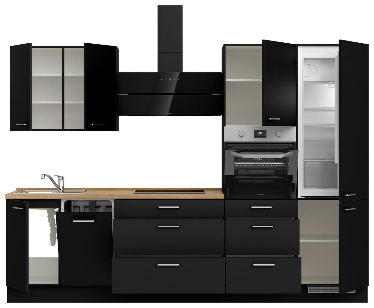 KÜCHENBLOCK 300 cm   in Schwarz, Eichefarben  - Edelstahlfarben/Eichefarben, MODERN, Holzwerkstoff/Metall (300cm) - Nobilia