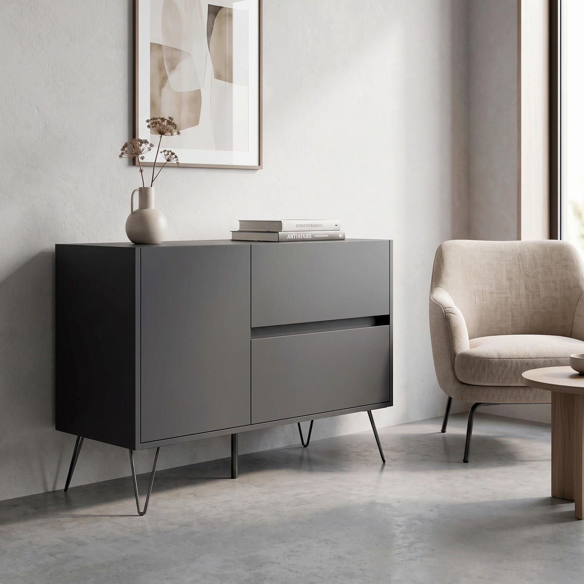 SIDEBOARD Posseik Industrial 99/75,8/42 cm 2 Schublade(n)  - Eichefarben/Graphitfarben, Design, Holzwerkstoff/Metall (99/75,8/42cm) - MID.YOU