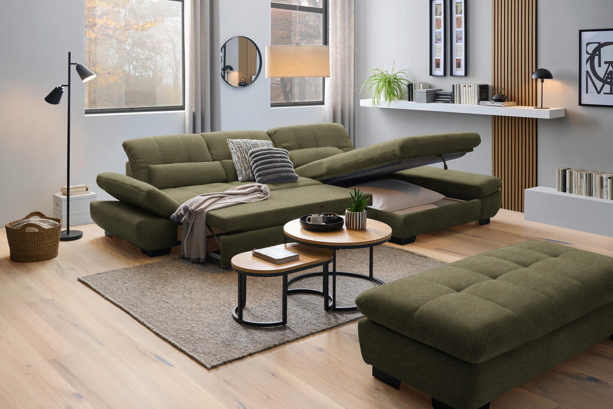 ECKSOFA  in Flachgewebe Grün  341/204 cm  - Schwarz/Grün, Design, Textil/Metall (341/204cm) - Xora